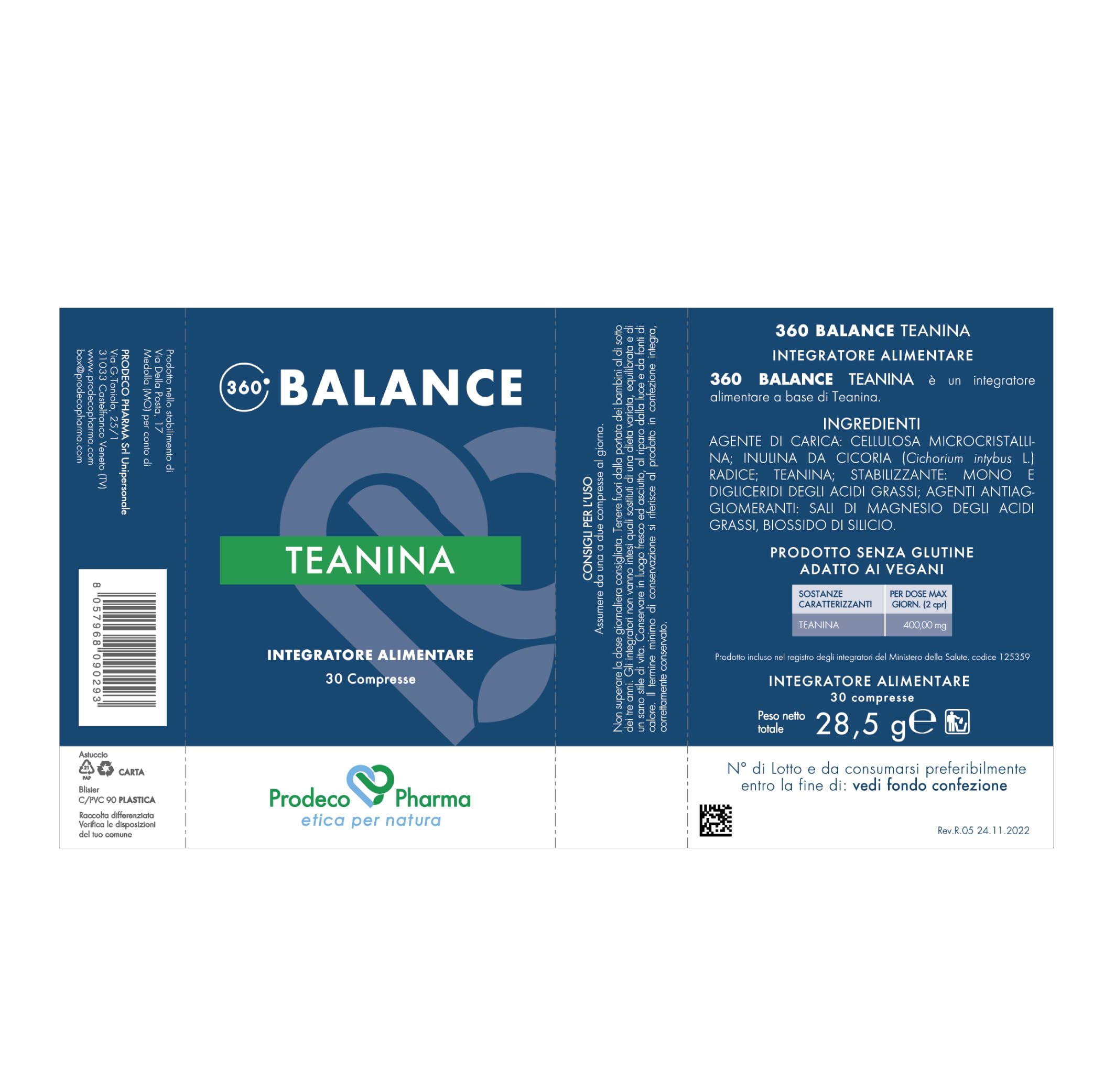 Prodeco Pharma 360 Balance Teanina Integratore Alimentare a Base di Teanina da Tè Verde 30 Compresse