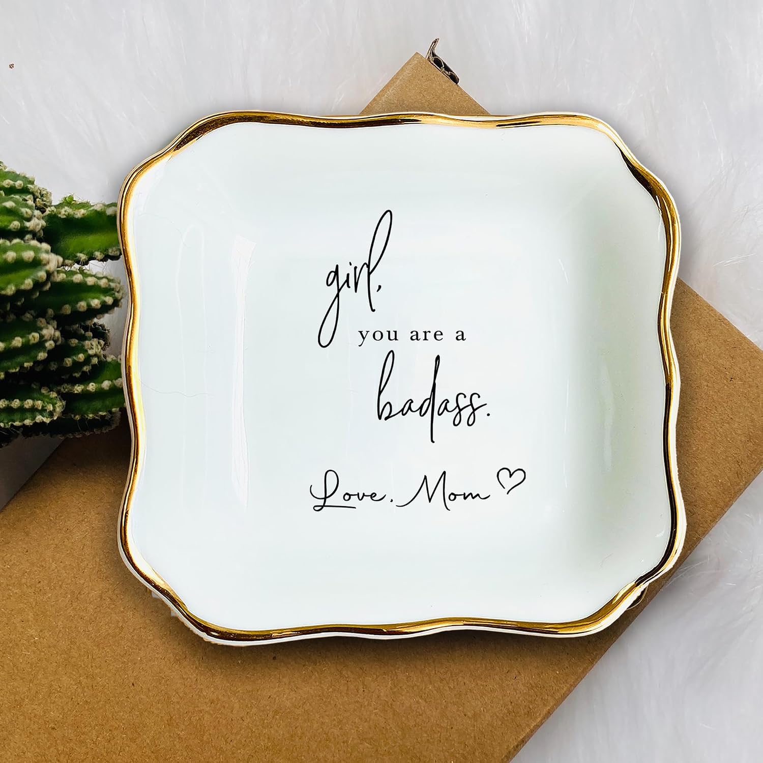 Square Ring Dish, White Ceramic Personalized Trinket Tray, Jewelry Dish for Daughter Presents From Mom, Wedding Gift, Graduation Birthday Gift