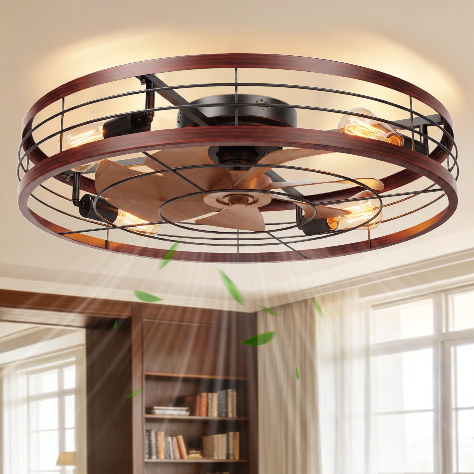 Photo 1 of VOLISUN 27.6'' Caged Ceiling Fan with Light and Remote,Rustic Low Profile Ceiling Fan with Light Flush Mount, Farmhouse Bladeless Fandelier Ceiling Fans with Lights for Kitchen,Bedroom-Wood