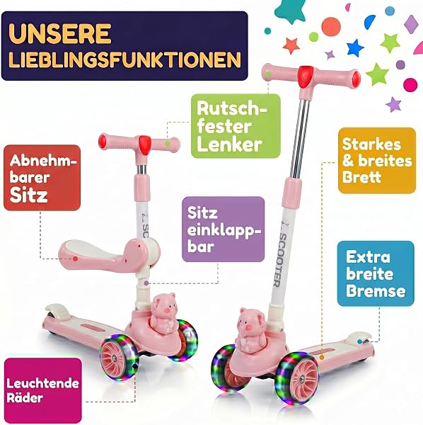 Kinder Roller ELLFY mit Sitz und LED Dreirad von 3-10 Jahren Scooter Roller Mädchen Junge Musikfunktion Kinderscooter Kinderroller Kinderdreirad - 2