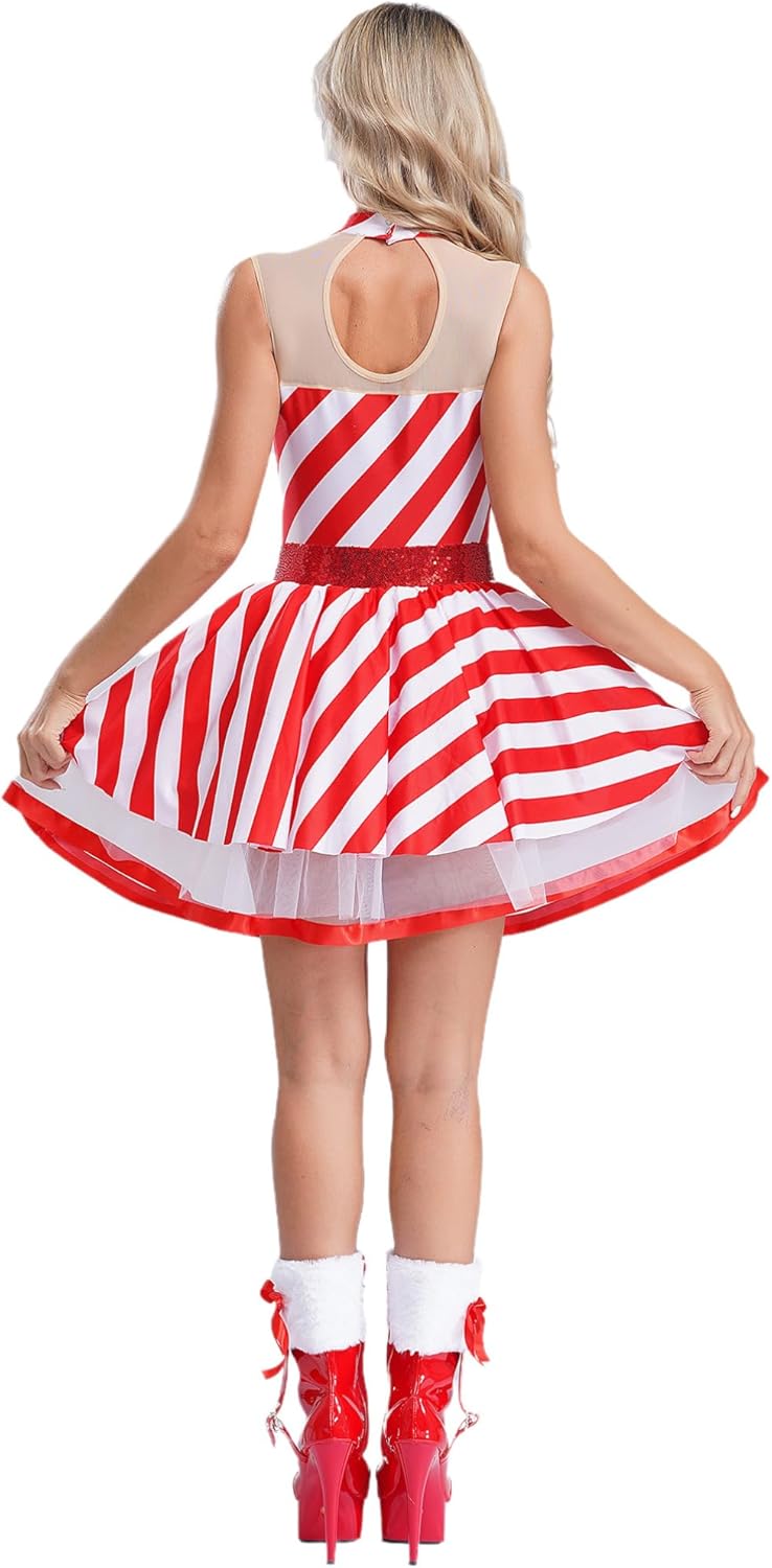 Women Sleeveless Dance Figure Skating Bodysuit Tutu Dress Christmas Party Candy Cane Costume
