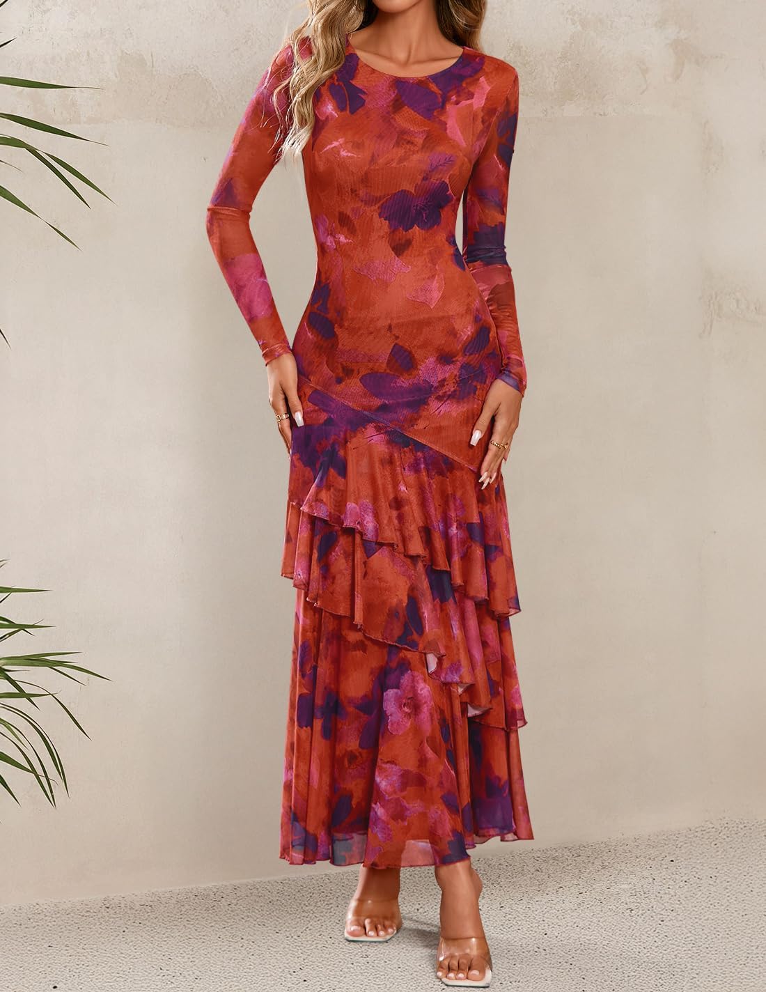 ZESICA Women's Spring Floral Wedding Guest Bodycon Dresses 2026 Long Sleeve Crewneck Mesh Ruffle Mermaid Party Maxi Dress - Image 3