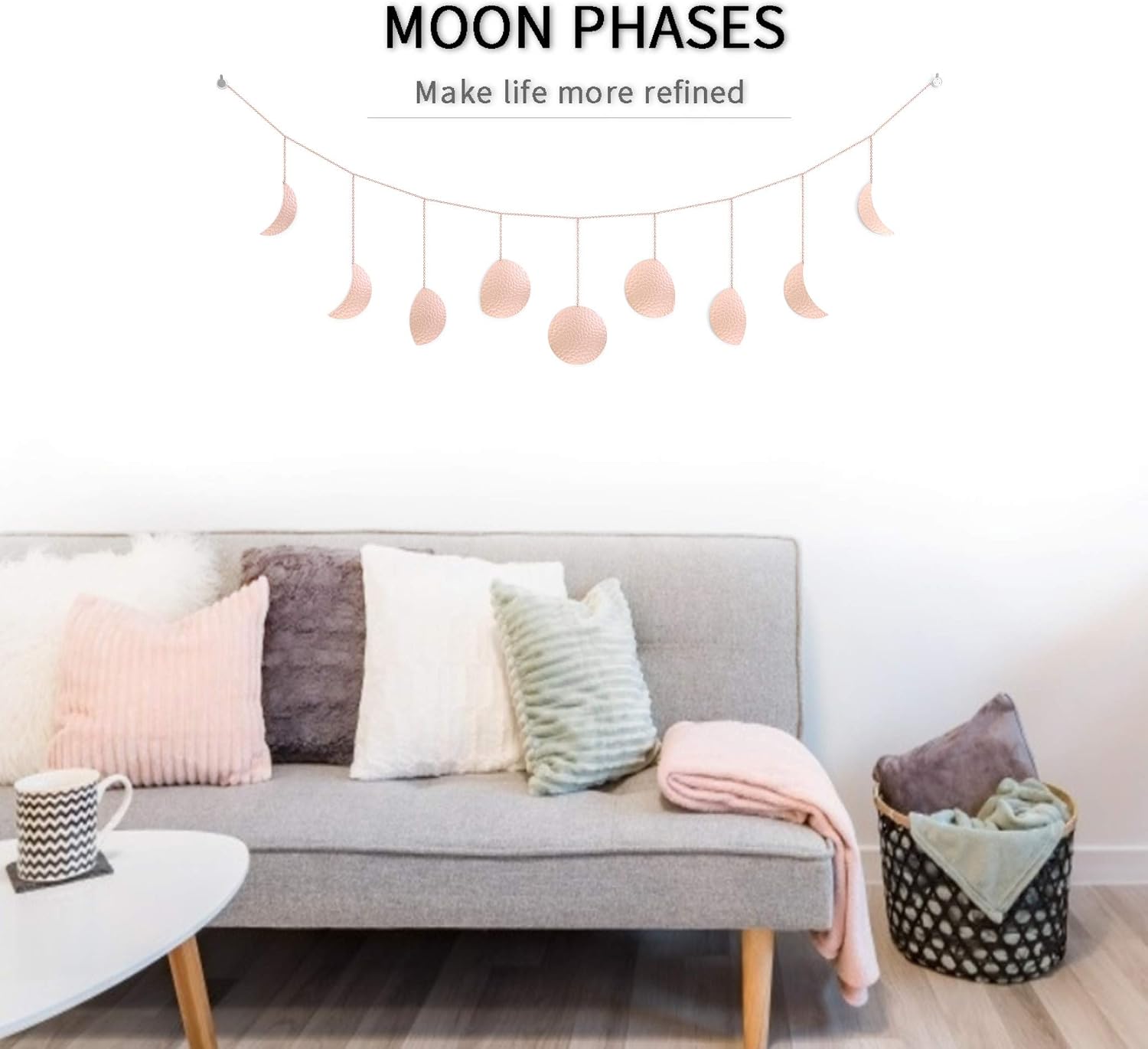 Tribe Glare Moon Garland Decor Moon Phase Wall Hanging Boho Art Wall Modern Home Decorations for Gifts Bedroom Apartment Dorm Office,47" Rose Gold