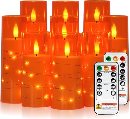 Raycare Velas LED sin llama con cuerda de estrella incrustada, 9 velas acrílicas a pilas con temporizador y control remoto, parpadeantes para un
