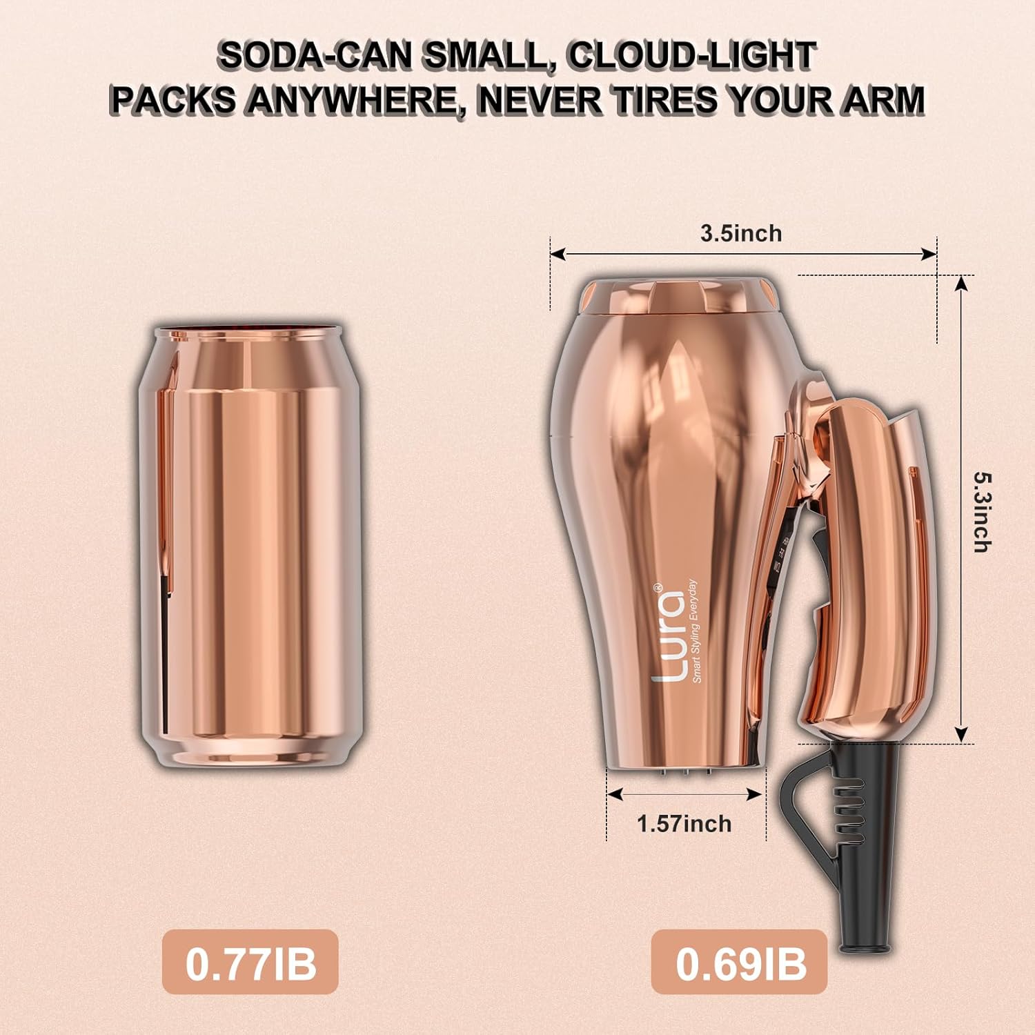 LURA Mini Portable Travel Hair Dryer:Dual Voltage Small Lightweight Blow Dryer with EU Plug,1200W Compact Hairdryer with Folding Handle,with Concentrator&Diffuser Attachment,for Women and Men - Image 2