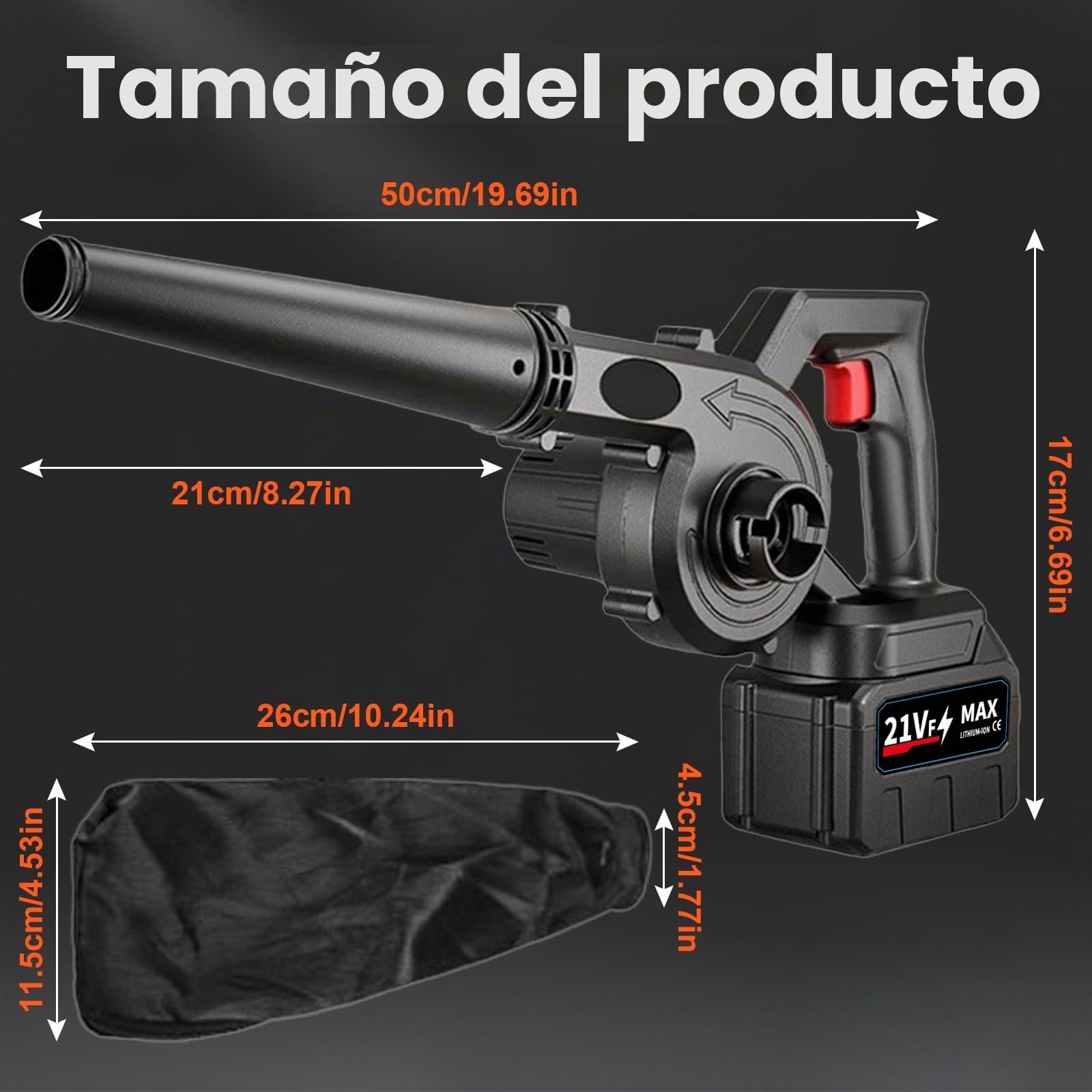 21V Soplador de Hojas con 2 * 3000 mAh Baterías Cargador, Soplador de Hojas Industrial, 18000 TRS/min 4.8m/s, Inalámbrico Sopladora Electrica para Jardín Patio