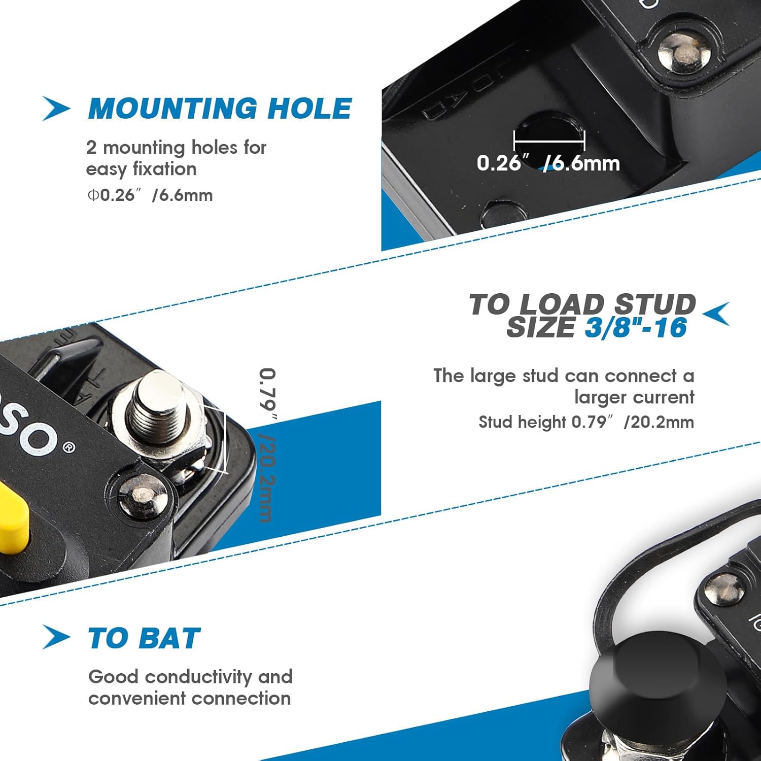 GLOSO Circuit Breaker E93 Breaker Extended Surface Mount 3/8" Diagonal Stud Waterproof IP67 Marine RV Truck Hi-Amp (175A)
