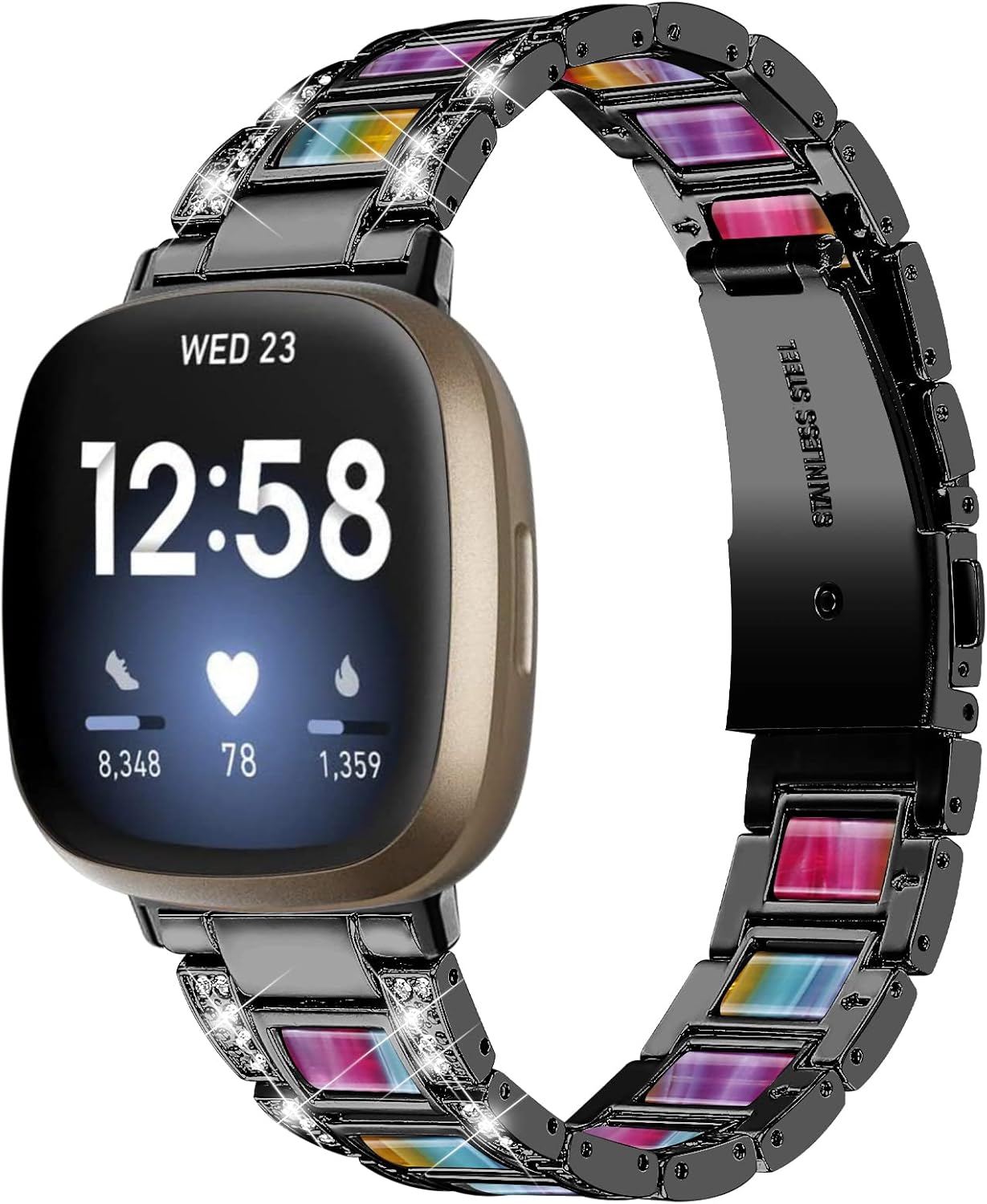 Bling Resin Bands Compatible with Fitbit Versa 4/Sense 2/Versa 3/Sense, Shinny Metal Bracelet Straps Luxurious Rhinestone Replacement Wristband for Women - Image 2