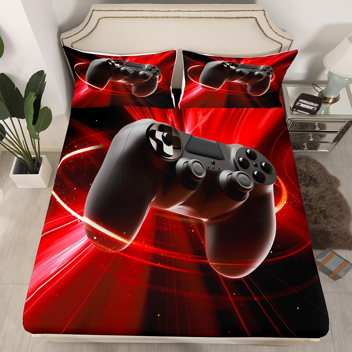 Gaming Bedding Sets,Twin for Boys Kids Video Games Gamer Fitted Sheet, Gamer Console Controller Electronic Game Room Bedroom Dorm Decor Fitted Bed
