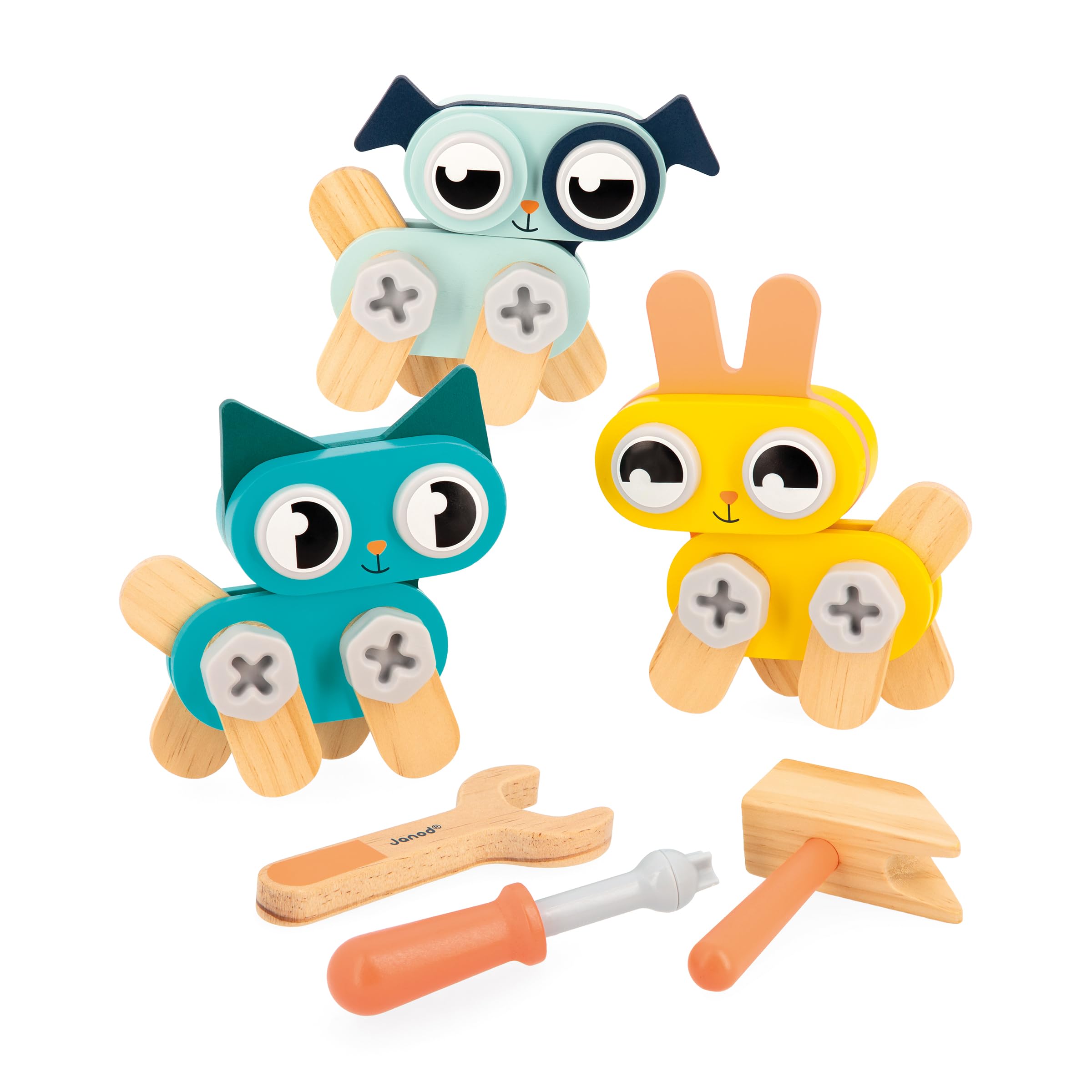 Janod - Mon Premier Jeu de Construction - 3 Petits Animaux - Chat, Chien, Lapin - 53 Accessoires - Développe Dextérité & Créativité - 3 Ans + - J06450