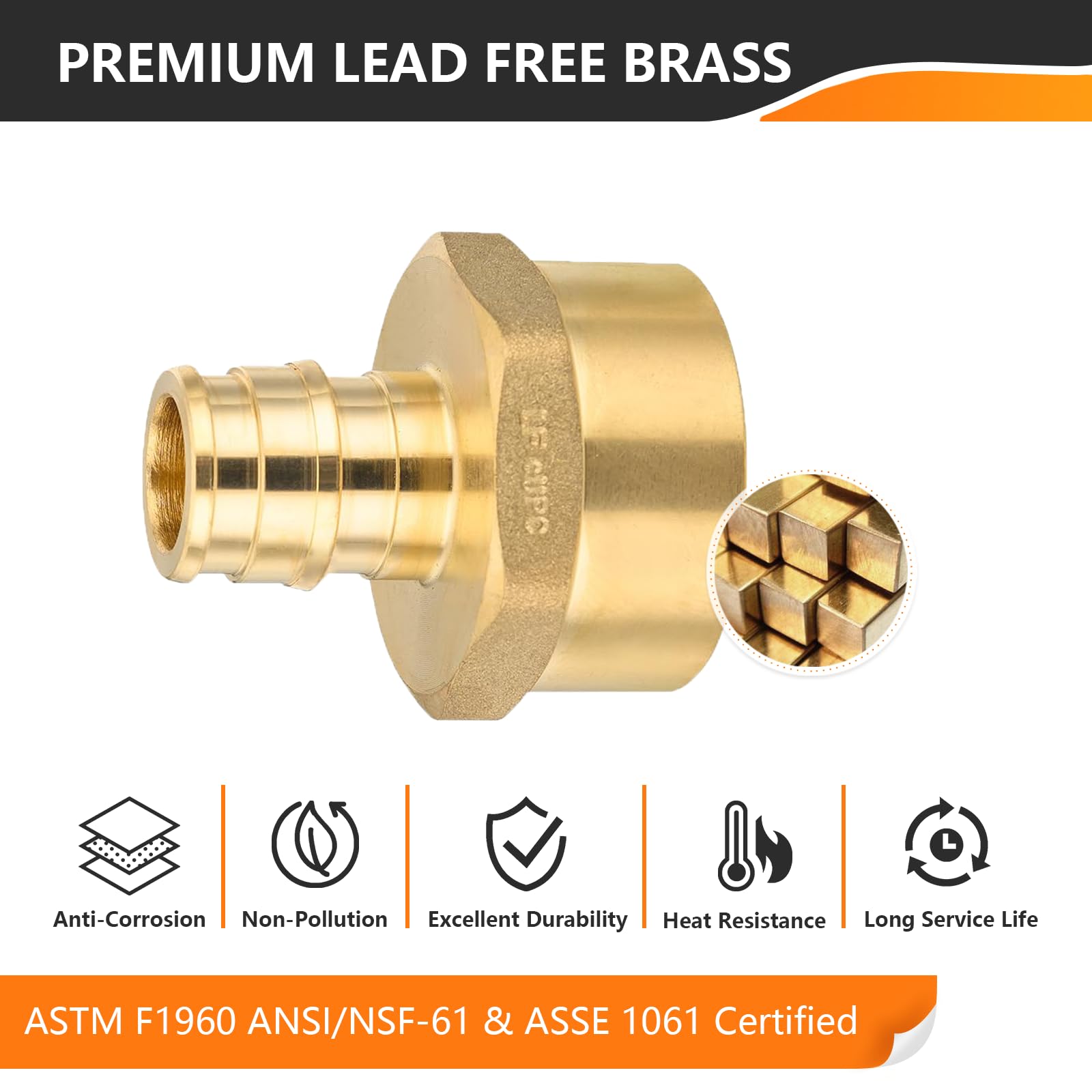 HeSun Paquete de 10 accesorios PEX-A, adaptador de expansión PEX de rosca NPT hembra de 1/2 pulgada x 3/4 pulgadas, ASTM F1960
