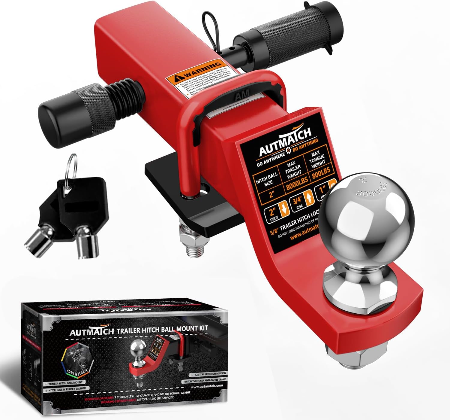 AUTMATCH Trailer Hitch Ball Mount with 2 Inch Hitch Ball - Fits 2" Receiver with Hitch Tightener, 8000Lbs Capacity Ball Hitch, 2-Inch Drop with 5/8" Hitch Lock Pin, Red