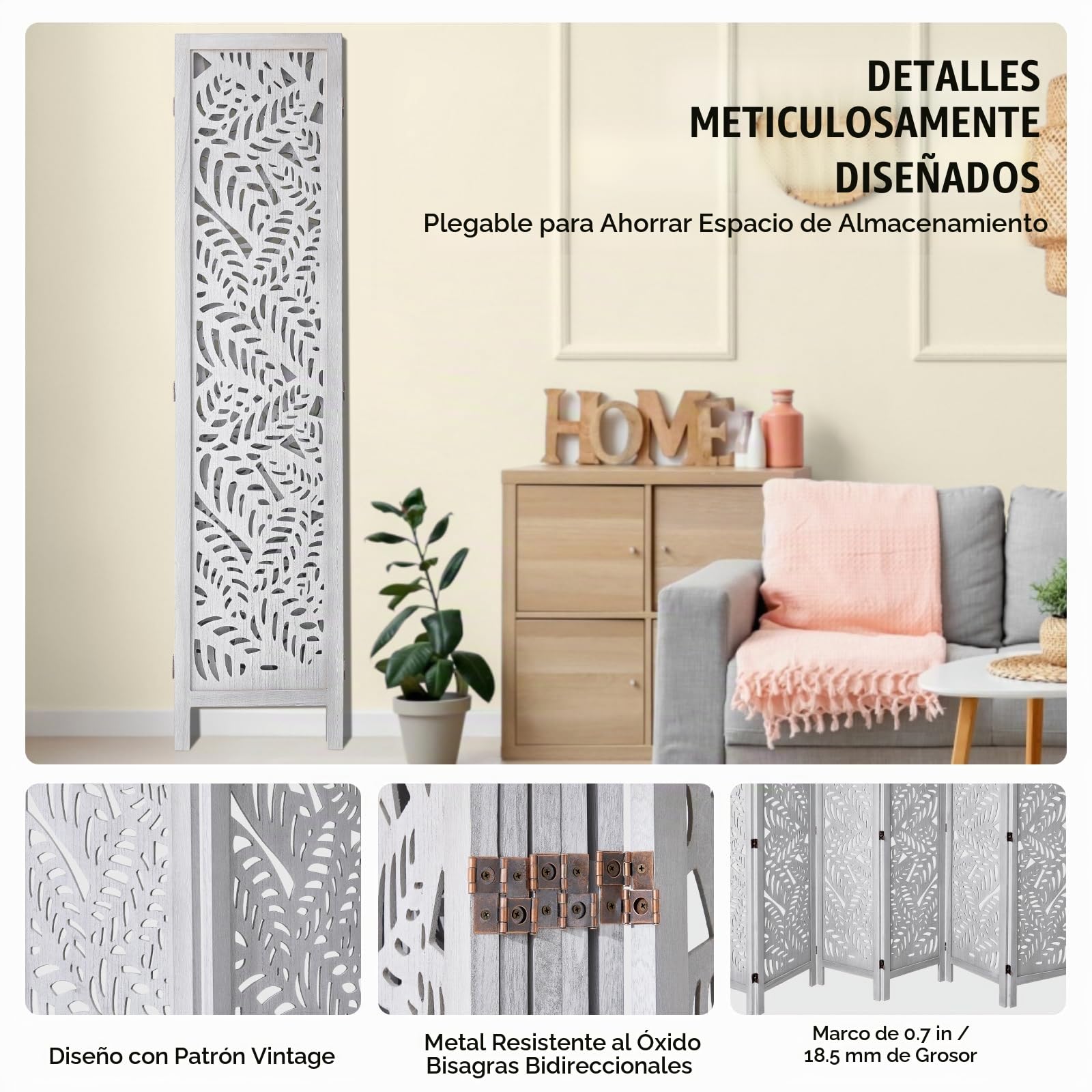 VEVOR Pantalla de Madera Portátil de Estilo Bohemio, Biombo Plegable de Madera de 6 Paneles para Privacidad, 2420 x 1700 x 18,5 mm para Separar Habitaciones, Hogar, Restaurante y Dormitorio, Blanco