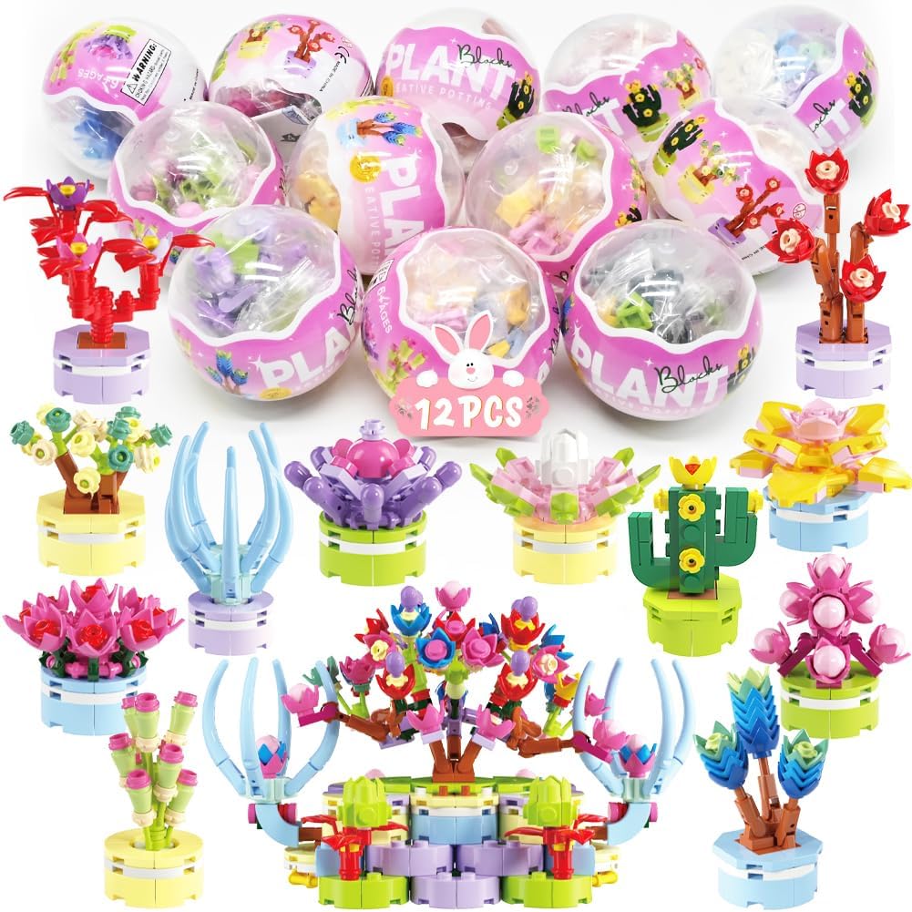 12 Pcs Easter Egg Surprise Plant Building Blocks Set - Easter Basket Stuffers, Creative Garden-Themed Construction Classroom Prizes, Easter Party Favors Gifts