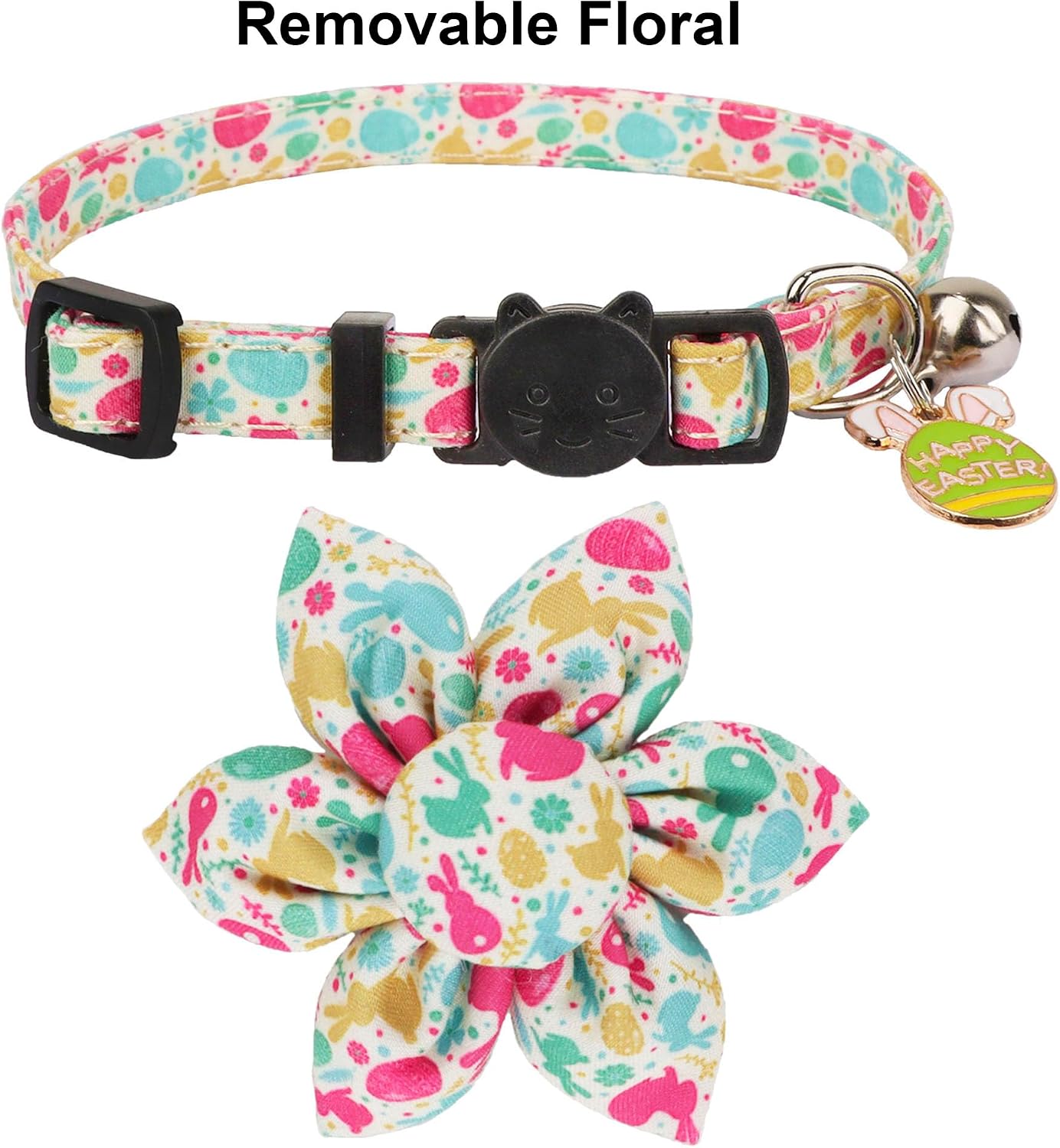 ADOGGYGO Easter Cat Collars with Removable Flower Bell, Adjustable Rabbit Easter Eggs Pattern Cat Floral Collars for Cats Kittens image 4