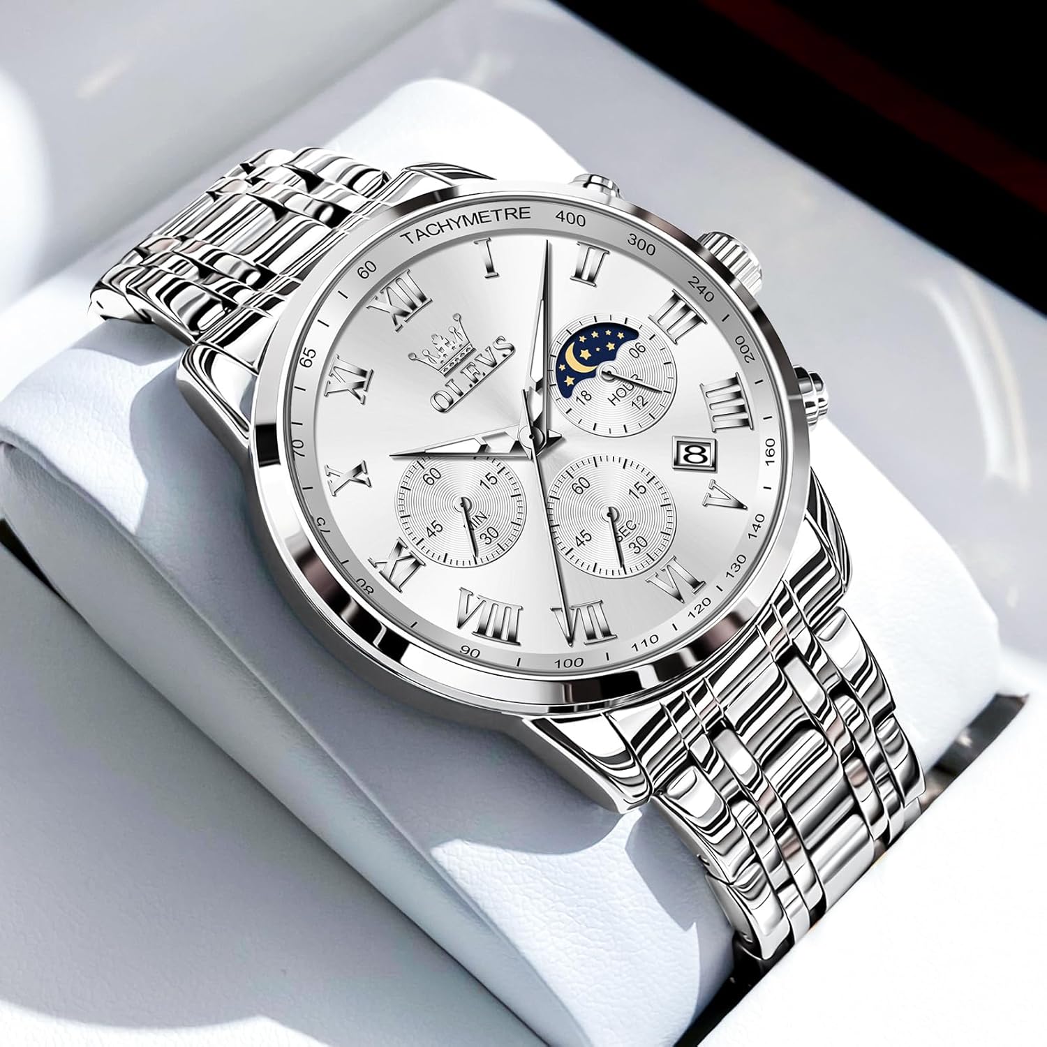 OLEVS Mens Stainless Steel Chronograph Watch, Big Face Roman Numerals Date Analog Quartz Dress Watches for Men, Fashion Multifunctional Waterproof Luminous Hands Men's Wristwatch