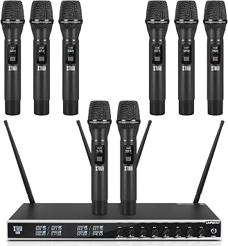 XTUGA MT8 8 Channel Wireless Microphone System,Handheld Metal Mics Set | Wireless Cordless Microphone Set,Fixed Frequencies,230ft Range,Dynamic Mics for Singing,Karaoke,Church,Wedding,DJ