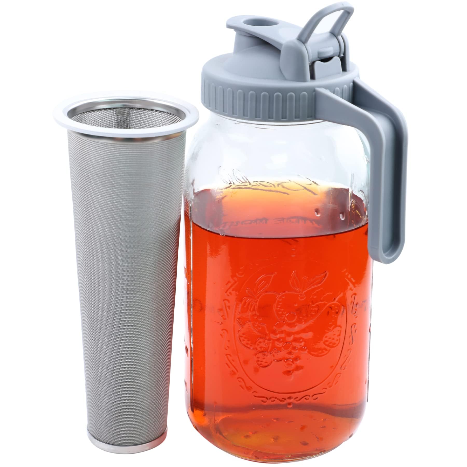NALACALCold Brew Coffee Maker Mason Jar,32 oz Iced Coffee Pitcher With Stainless Steel Filter,Wide Mouth Cold Brew Pitcher for Iced Coffee, Lemonade, Ice Tea, Fruit Drinks(Grey)