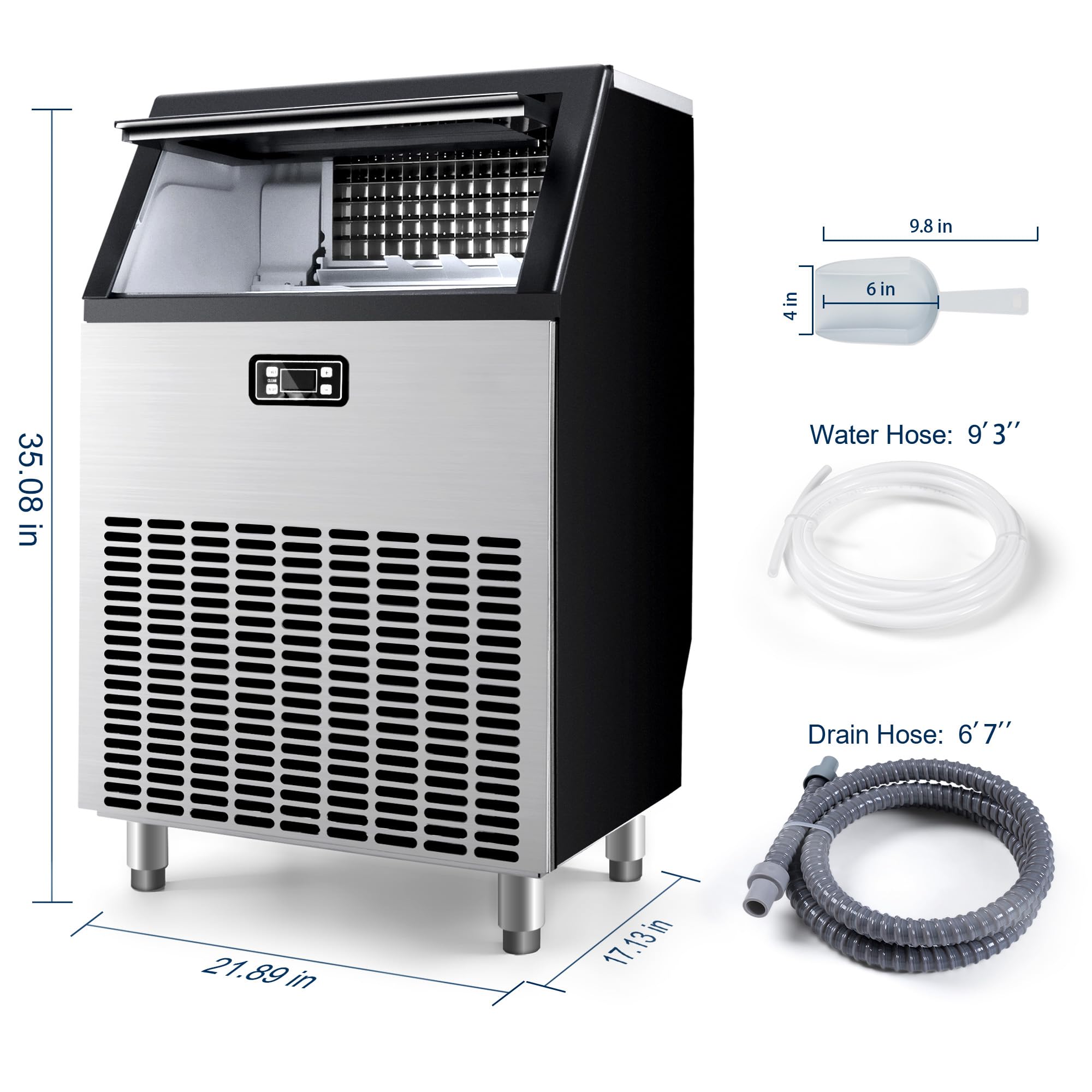 EUHOMY Commercial Ice Maker Machine, 200lbs Daily Output, Under Counter ice Machine with 65lbs Ice Storage Capacity, Perfect for Home/Bar/Restaurant/Outdoor Activities(Stainless Steel)