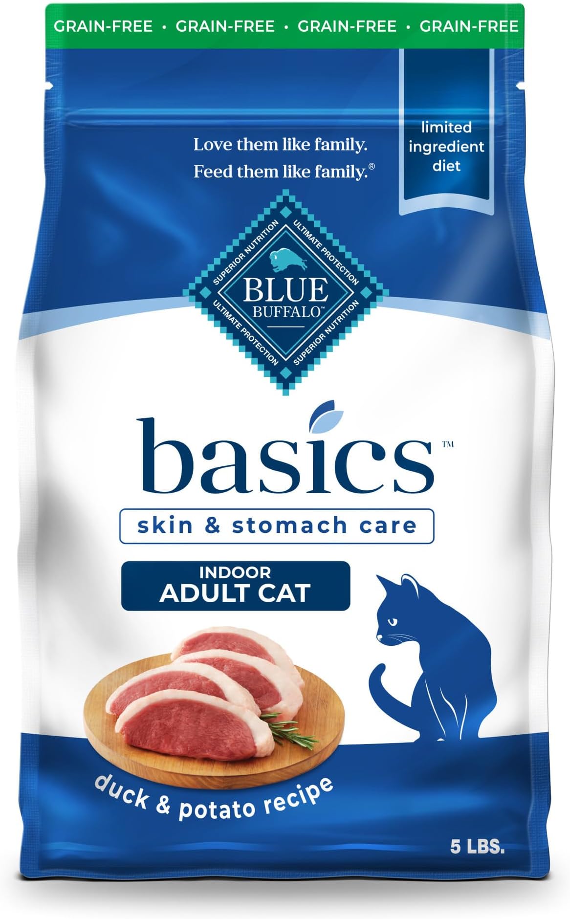 Basics Skin & Stomach Care Grain Free, Natural Indoor Adult Dry Cat Food, Duck & Potato 5-lb