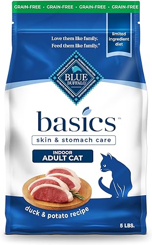 Blue Buffalo Basics - Alimento seco para gatos sin granos, cuidado de la piel y el estómago, dieta de ingredientes limitados para gatos de interior,