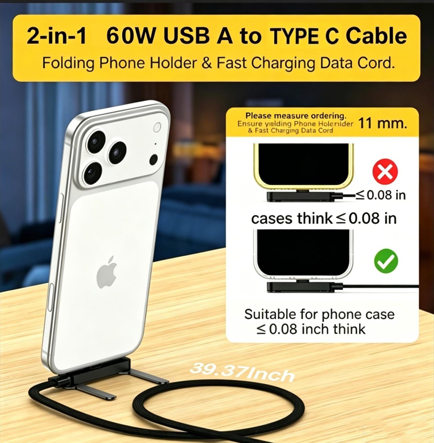 Cavo di ricarica rapida da USB A a tipo C da 60 W con supporto pieghevole per telefono, cavo di ricarica in nylon intrecciato da 1 m, 480 Mbps, sincronizzazione dati USB-C cavo di ricarica per