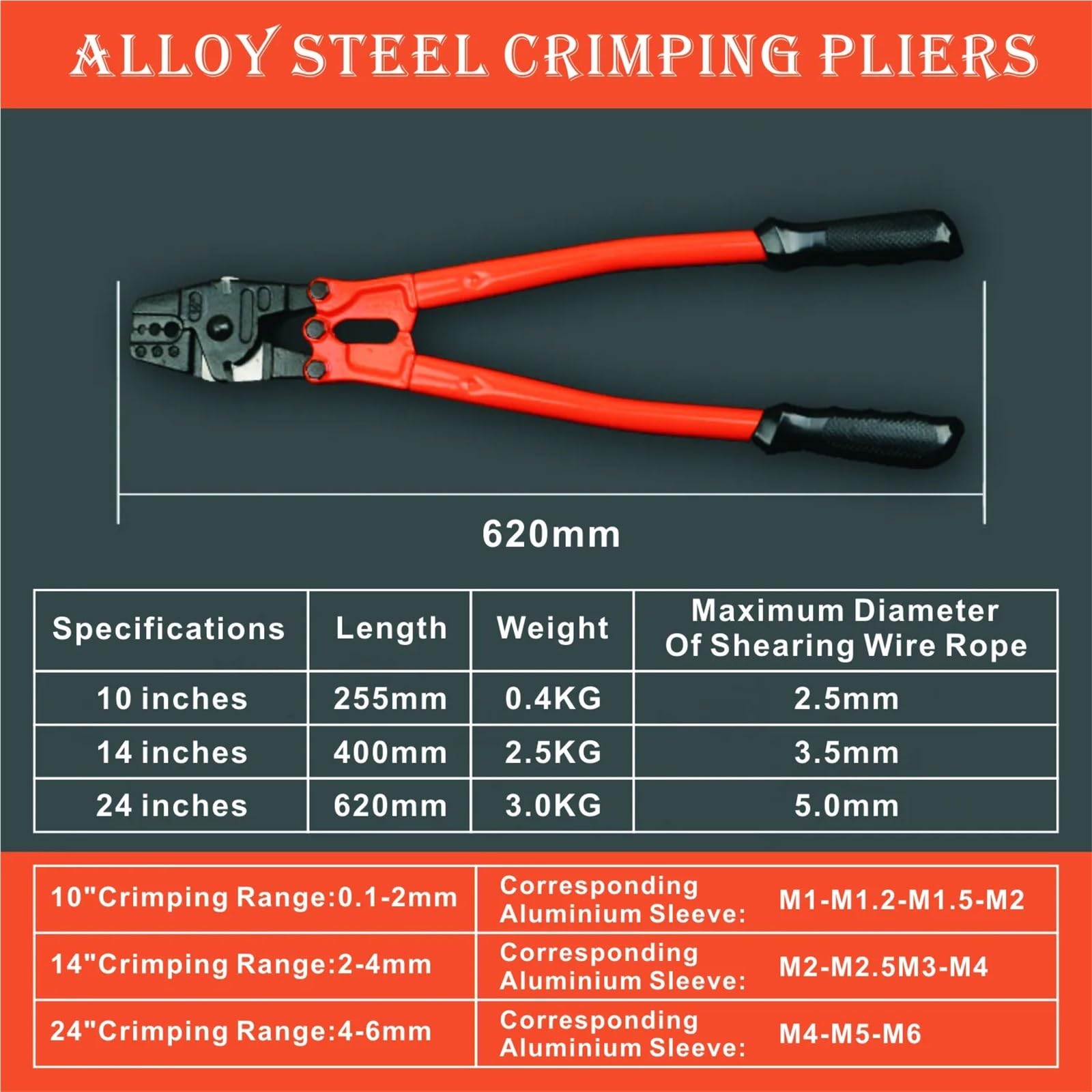 Alicates De Crimpado Alicates de prensado de 10/14/24 ", herramienta de prensado de pesca con virola de doble cilindro de aluminio, acero al carbono(24 inches)