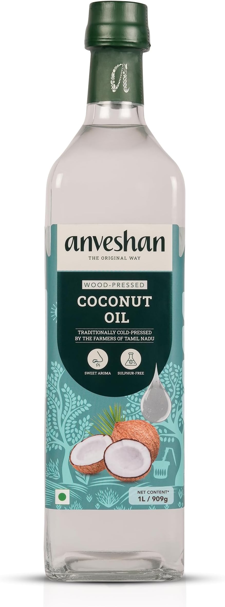 Anveshan Wood Pressed Coconut Oil, 1000 ML, Glass Bottle (Kolhu/ Kacchi Ghani)