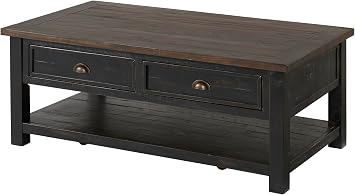 Martin Svensson Home Monterey Rustic Solid Wood Coffee Table, Black & Brown | Farmhouse, Cocktail Table with Two Storage Drawers, Bottom Shelf, Concealed Caster Wheels