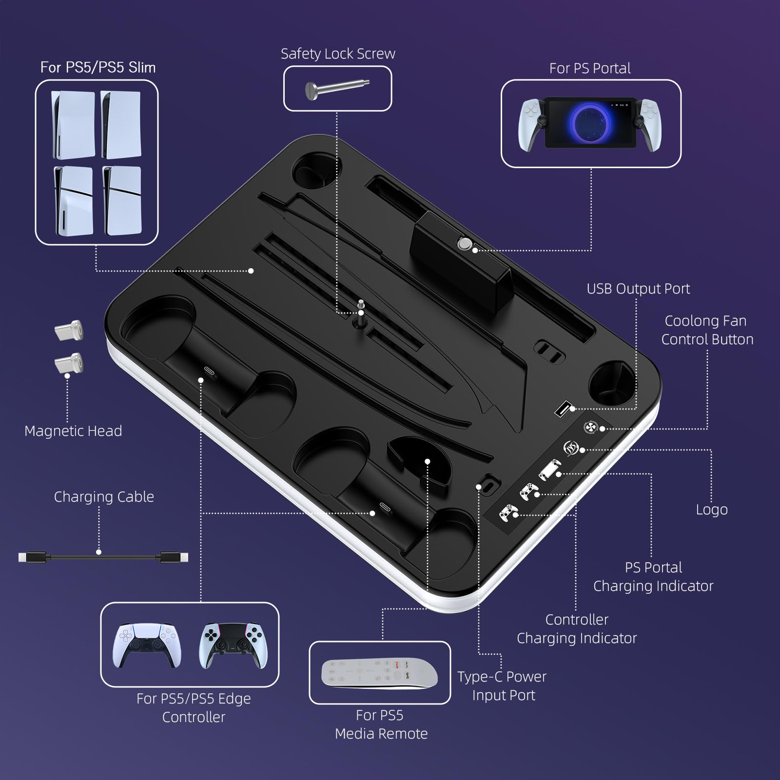 Soporte para PS5/PS5 Slim con PS Portal y Mando PS5 Estación de Carga, Abrazadera Vertical PS5 con Ventilador de 3 Etapas, Base Vertical para P5 Slim/P5 Digital Edition & Disc Edition (Sin luz RGB)
