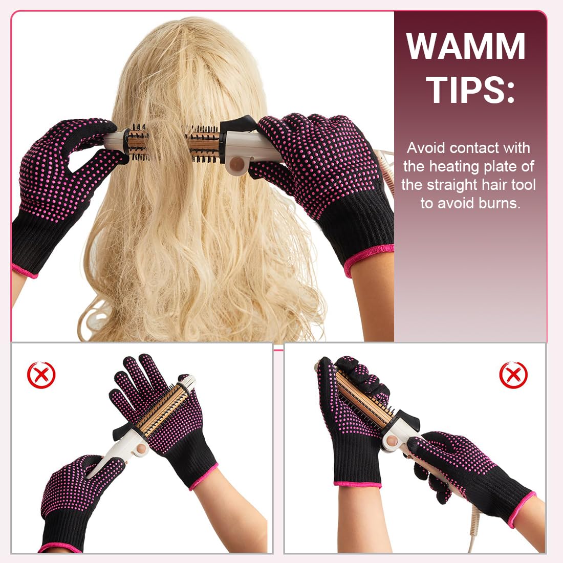 2 Pcs Gants Anti Chaleur et 1 Coussin Anti-brûlure, Gants de Protection pour Coiffure, Rose