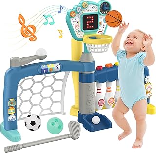 AIGIMU Toddler Sports Toys, 5-in-1 Toddler Basketball Hoop Soccer Bowling Baseball Golf Activity Center, 1 2 3 Year Old Bo...