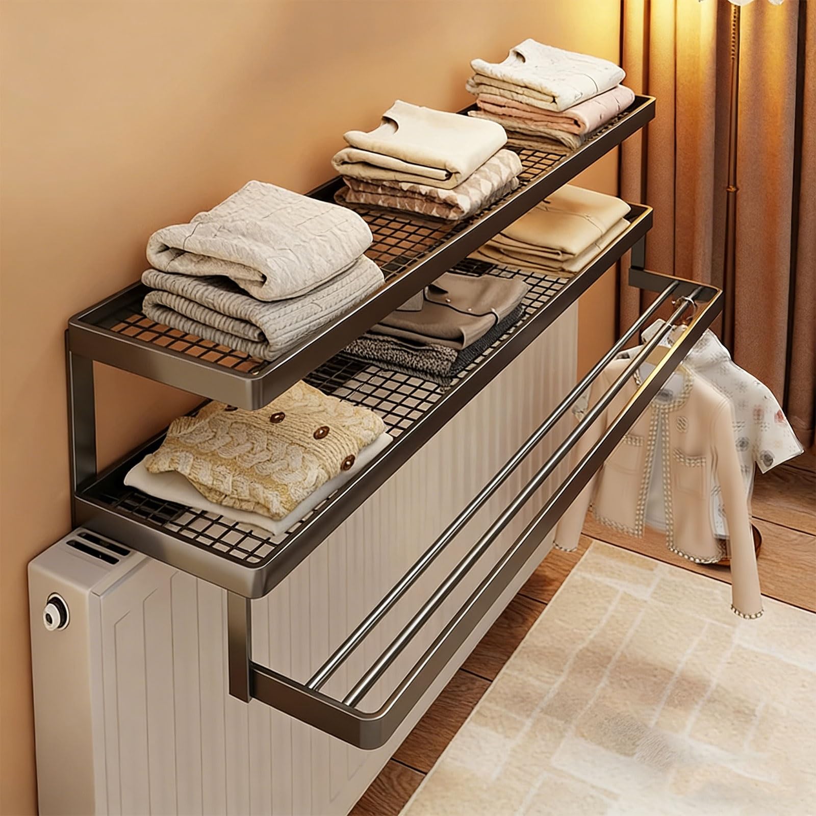 Pxamortel Black Floating Radiator Storage Shelf Rack Radiator Shelf Layered Wrought Iron Multicolor 40-60X23x19cm(,60X23x19cm)
