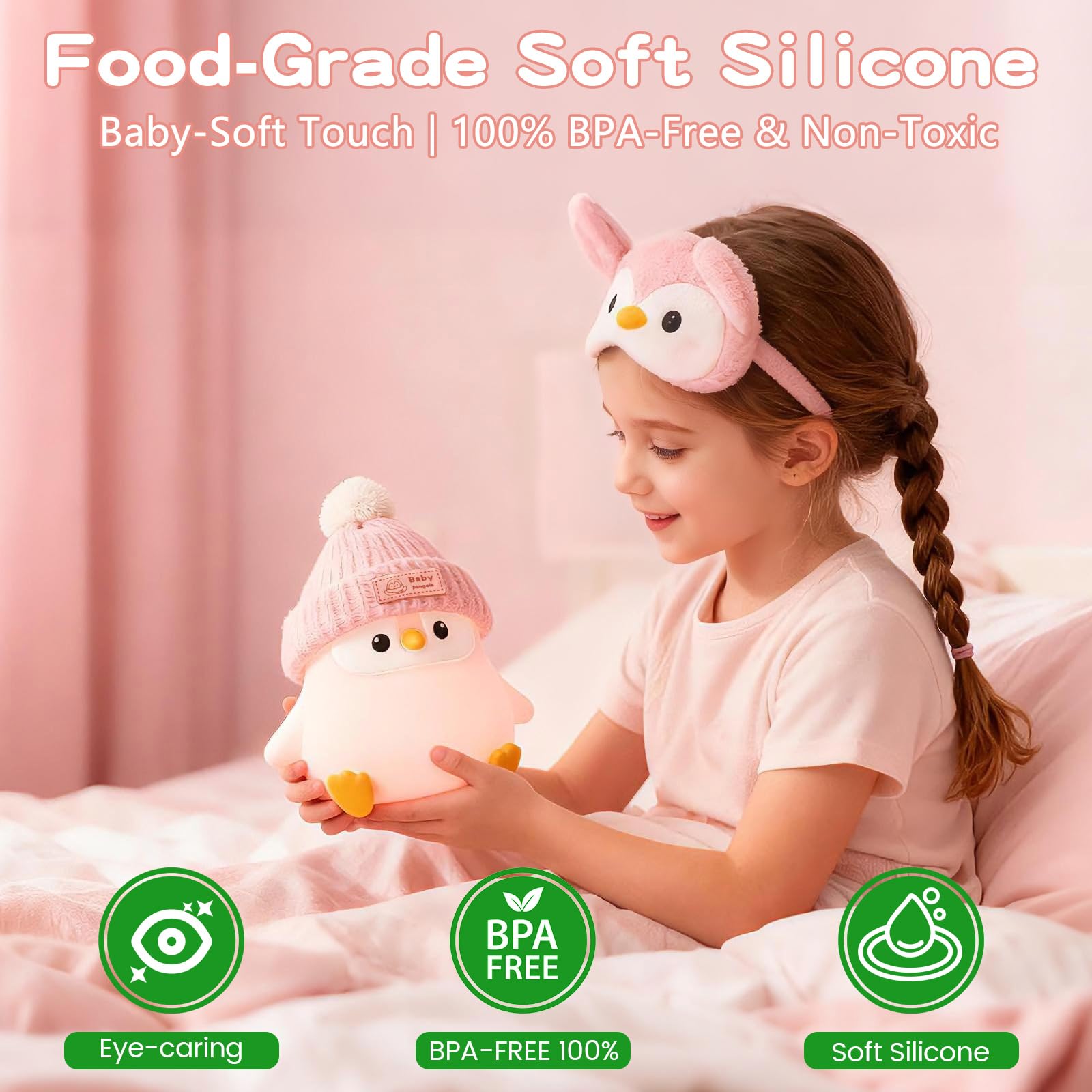 FAMIDUO Luce notturna in silicone a forma di pinguino, graziosa lampada a forma di pinguino rosa con cappello lavorato a maglia, luce notturna morbida, ricaricabile tramite USB, dimmerabile, lampada a
