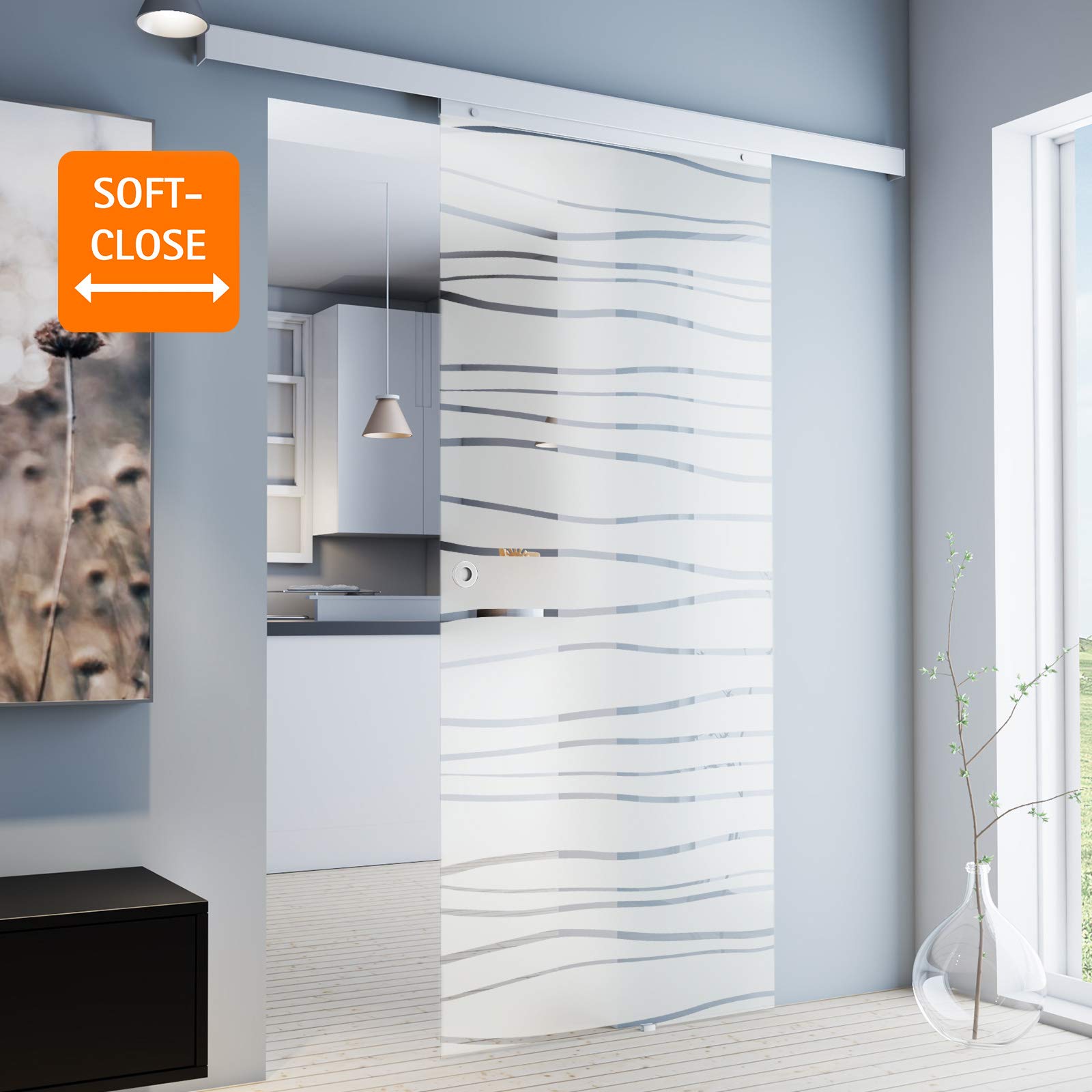 inova Glas-Schiebetür Komplettset 880 x 2035 mm Mistral Design 8mm ESG Alu Laufschiene mit Griffmuschel + beidseitiger Softclose