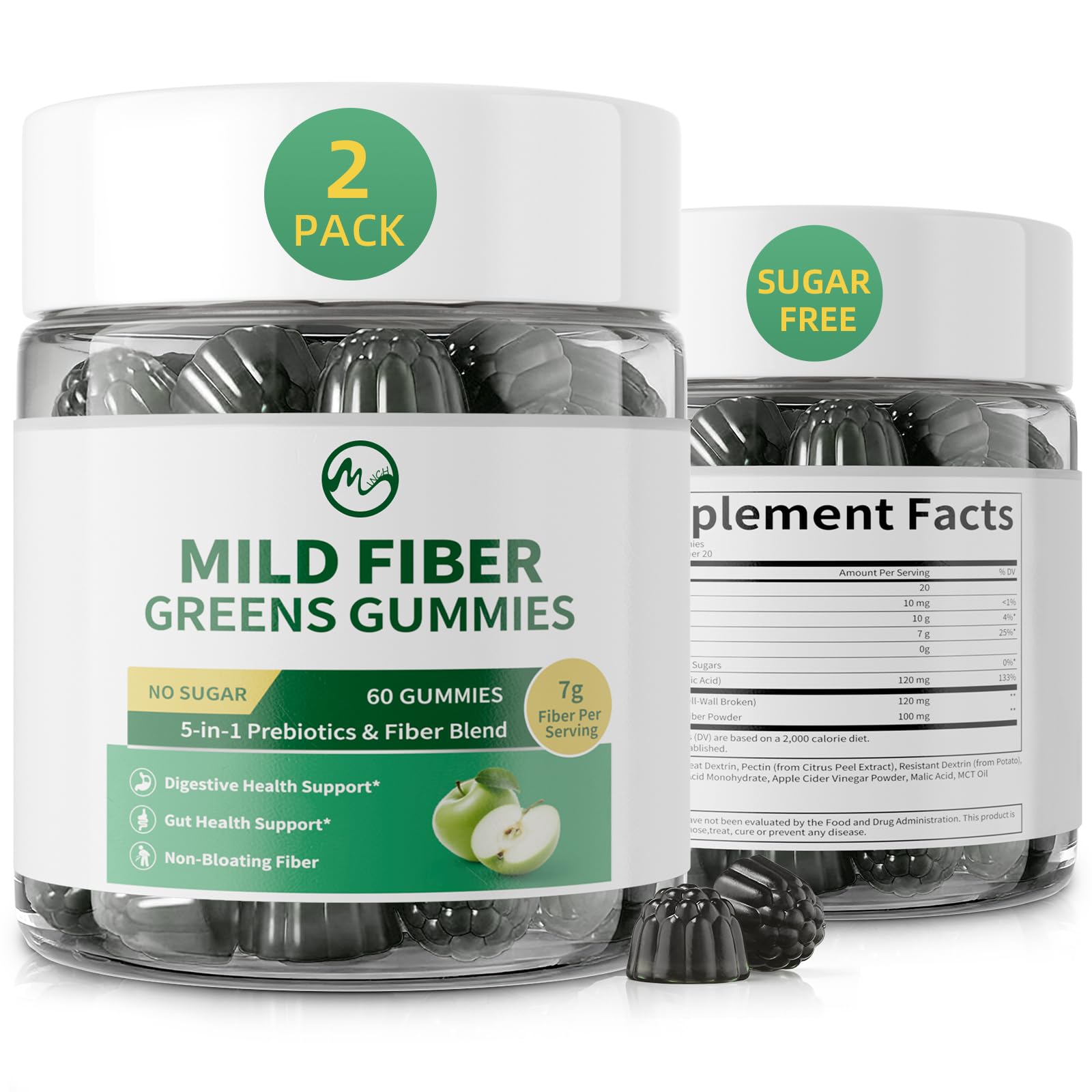 Fiber Gummies for Adults Women Men Sugar Free, Support Digestive 2 Pack 60 Count (Pack of 2)