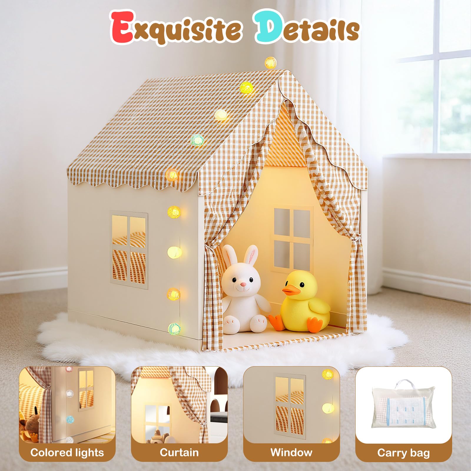 Play Tent with Lights, play tent House for Toddler Neutral Color Play Room Furniture - Image 2