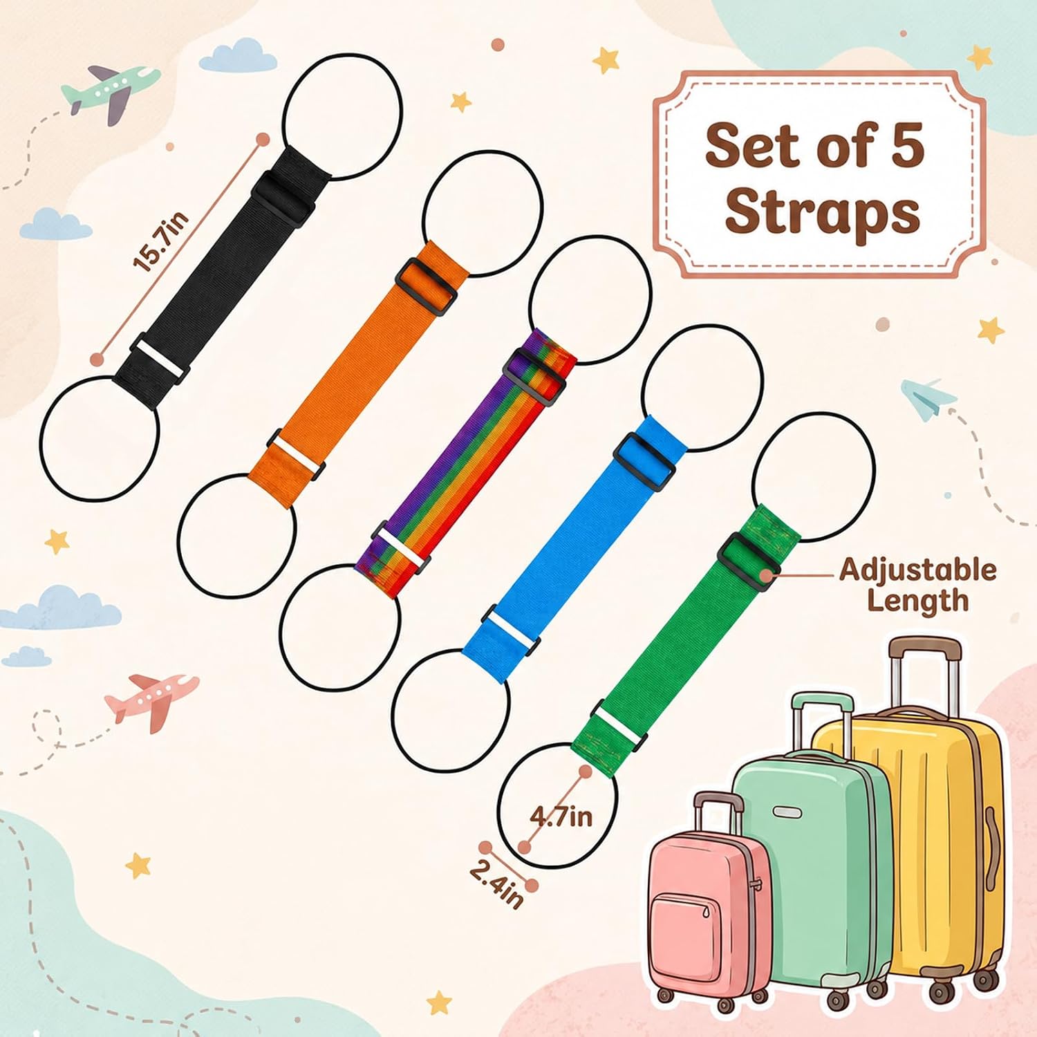 Luggage Connector Straps 5-Pack, Adjustable Travel Straps for Suitcases
