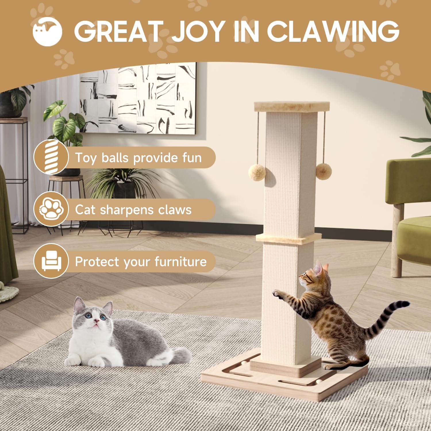 Large Cat Scratching Post, 32 Inch Tall Heavy Duty Scratching Post with Tracking Interactive Toys for Indoor - image 3