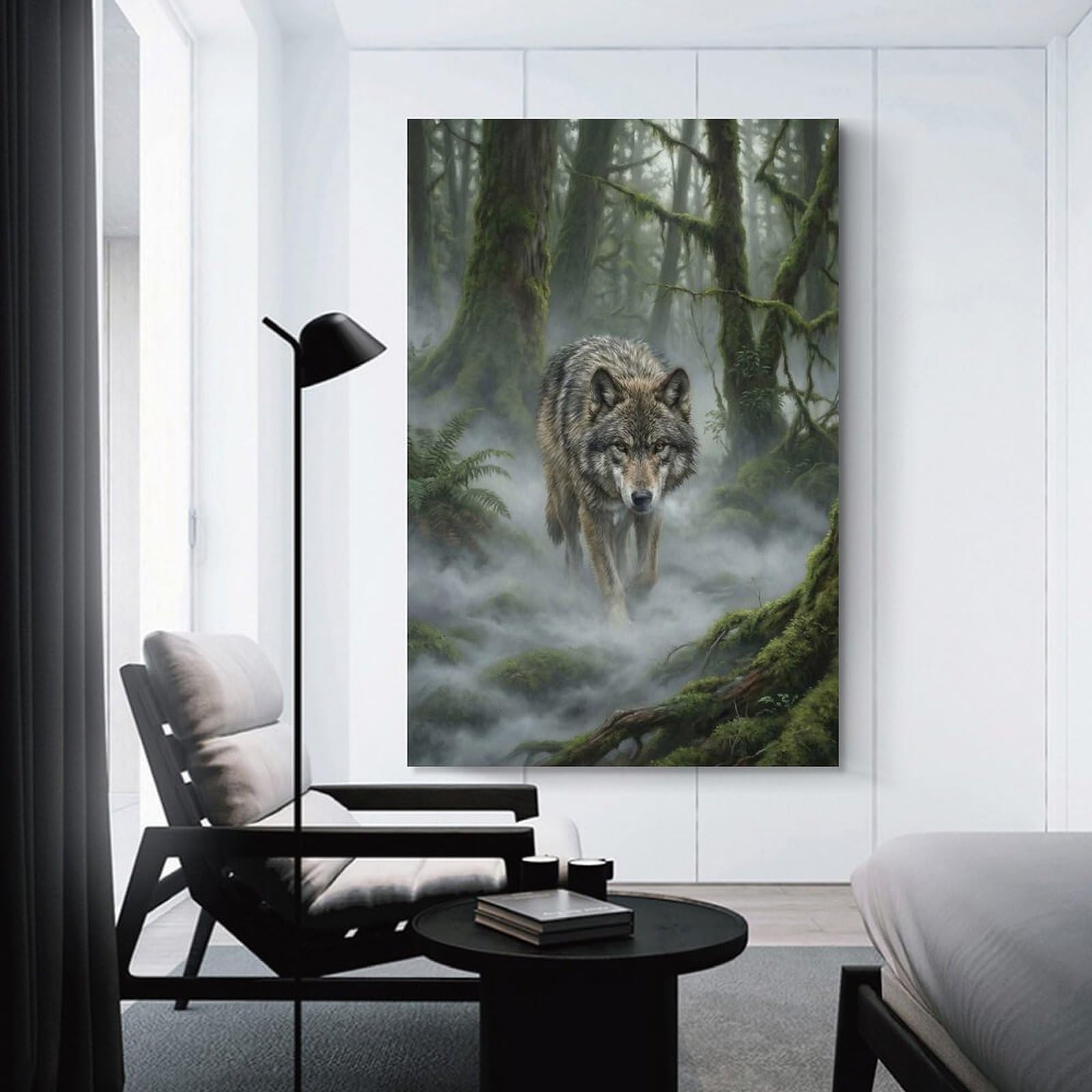 Junmoney Wall Picture Print Wolf in Misty Forest, 24x36inch(60x90cm), for Living Room, Bedroom Or Home Office, Home Decor Gift with Stylish Appeal