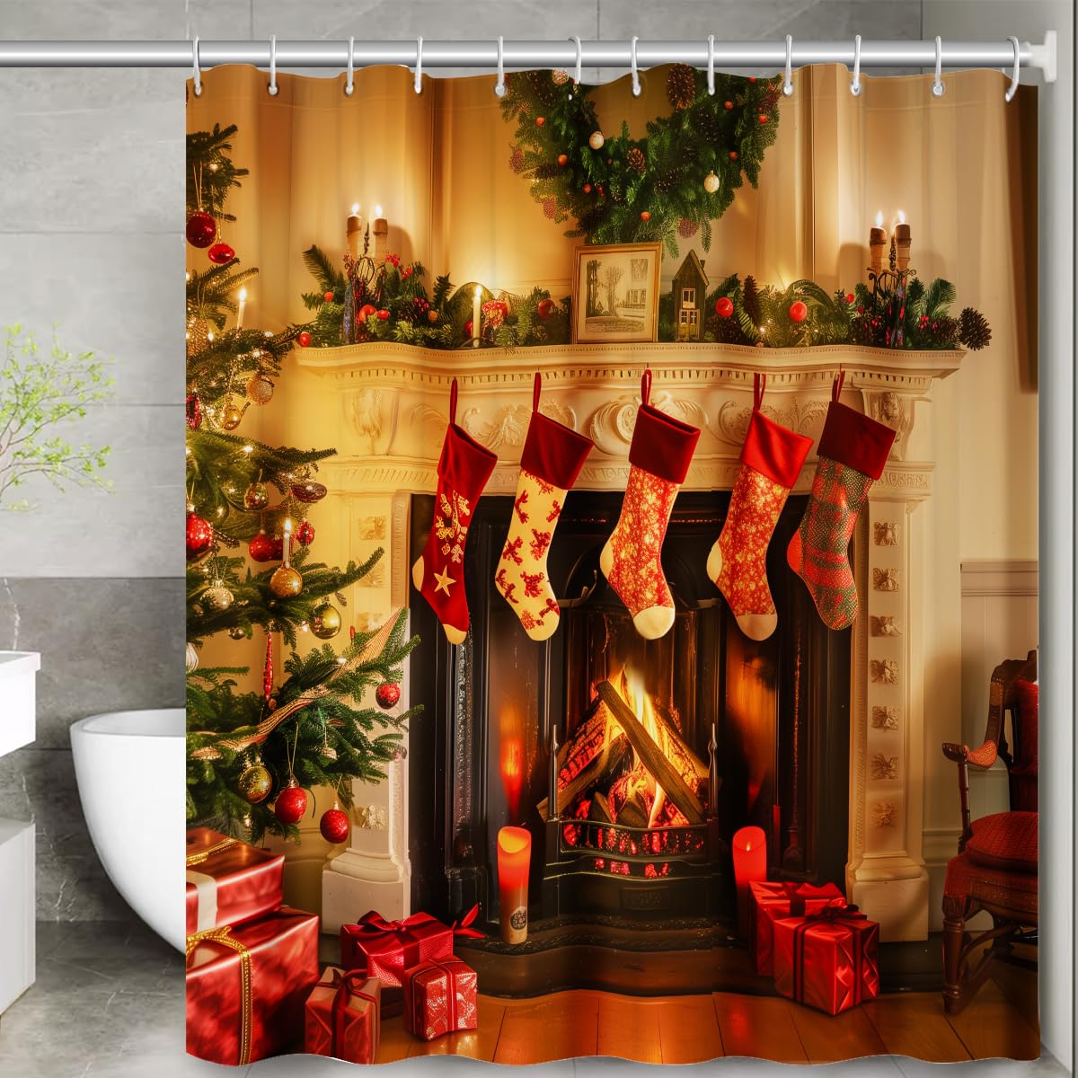 Amazon.com: MelonBoat Christmas Shower Curtain: Warm Mantel Fireplace ...