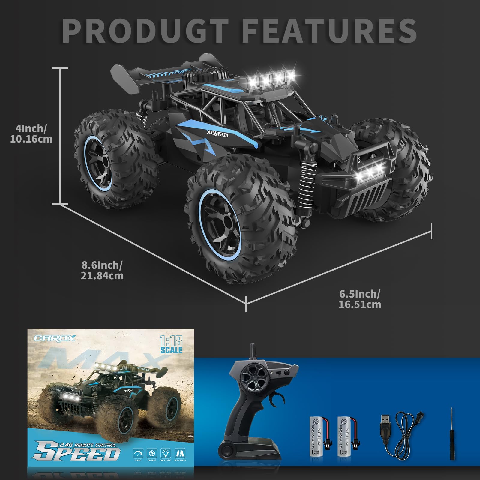 Carox Ferngesteuertes Auto,2.4 GHz 25 km/h RC Auto,1:18 Off Road Monstertruck mit Scheinwerfer und Fahrgestellbeleuchtung Crawler Truck Spielzeug