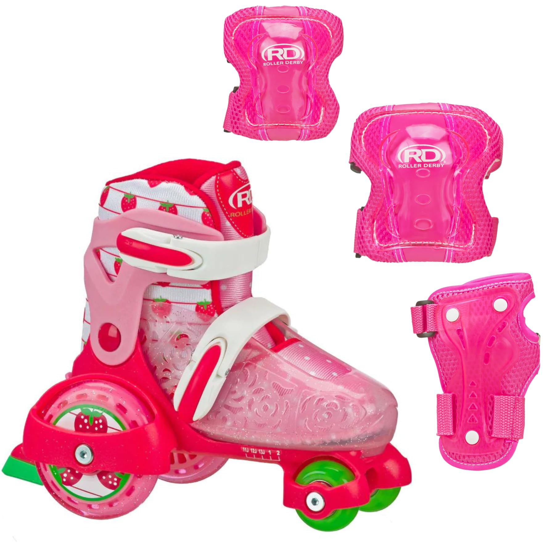 Roller Derby Fun Roll Roller Skates with Protective Gear, Adjustable Sizing, Skates for Beginners, Tri-Pack Protective Gear Included