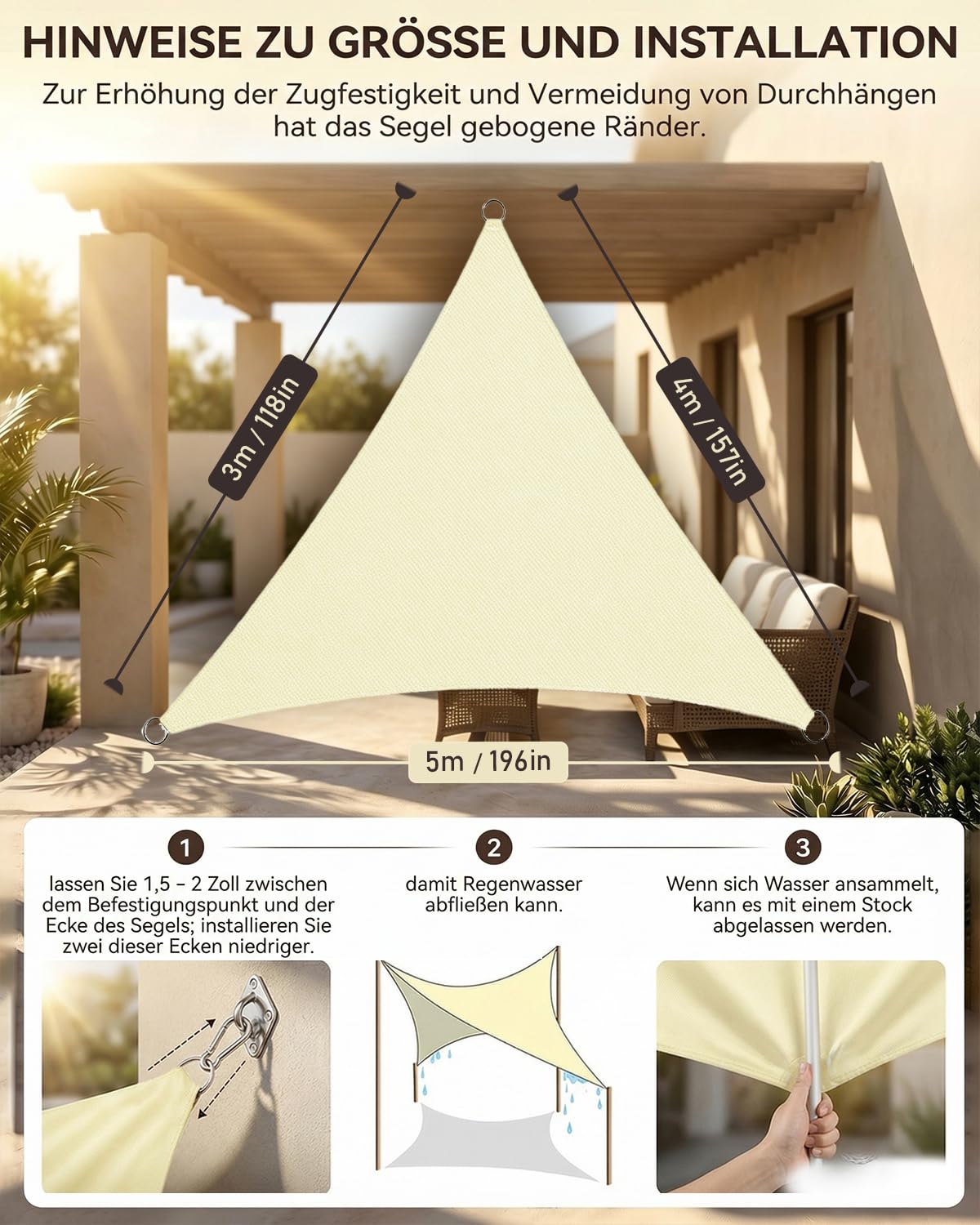 Tenda parasole triangolare, 3 x 4 x 5 m, impermeabile, protezione solare e antivento, in HDPE di alta qualità, resistente alle intemperie, traspirante, con 95% di protezione UV, antistrappo, con set
