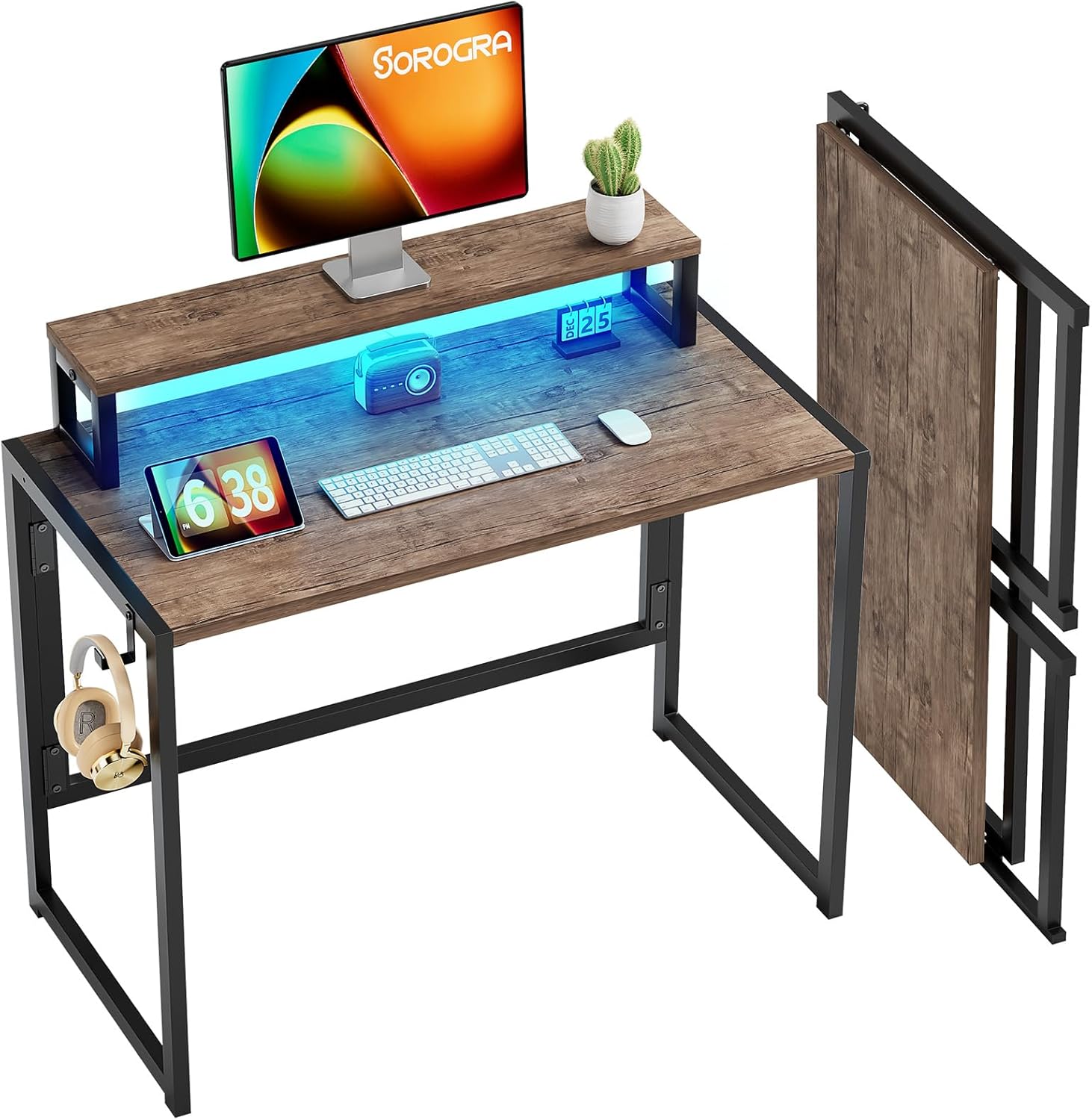 Small Folding Desk 31.5 inch for Small Spaces Foldable Desk with Removable Monitor Shelf, Computer Gaming Table with Led Lights for Home Office Bedroom, Easy Assembly, Brown 31.5 IN Brown