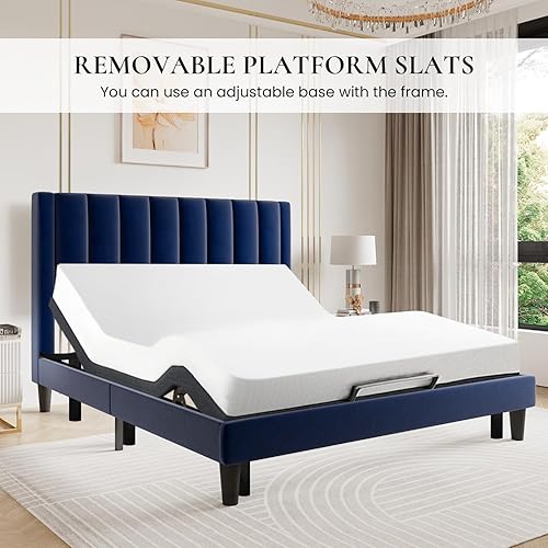 Miniatura 116 de SHA CERLIN Marco de cama matrimonial/plataforma tapizada de terciopelo con cabecero, soporte de listones de madera resistente, base de colchón, no