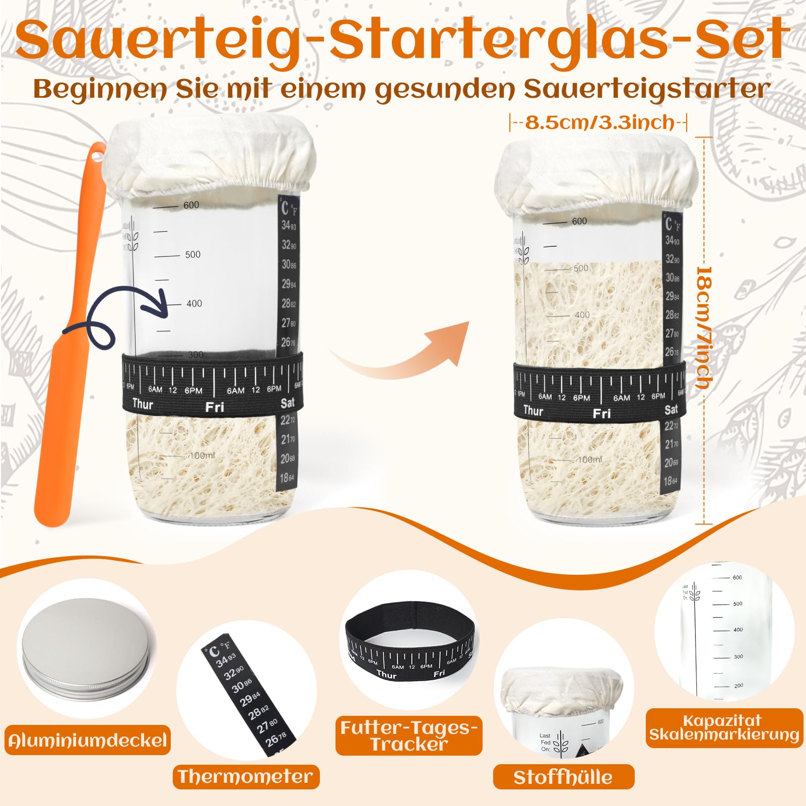 Gärkörbchen Für Sauerteig Starter Set, Gärkorb (23cm rund & 25cm oval),100% natürlichem Rattan, inkl. Teigschaber, Leineneinsatz, Teigrührer & mehr | Professionelles Brotbackzubehör (Orange)