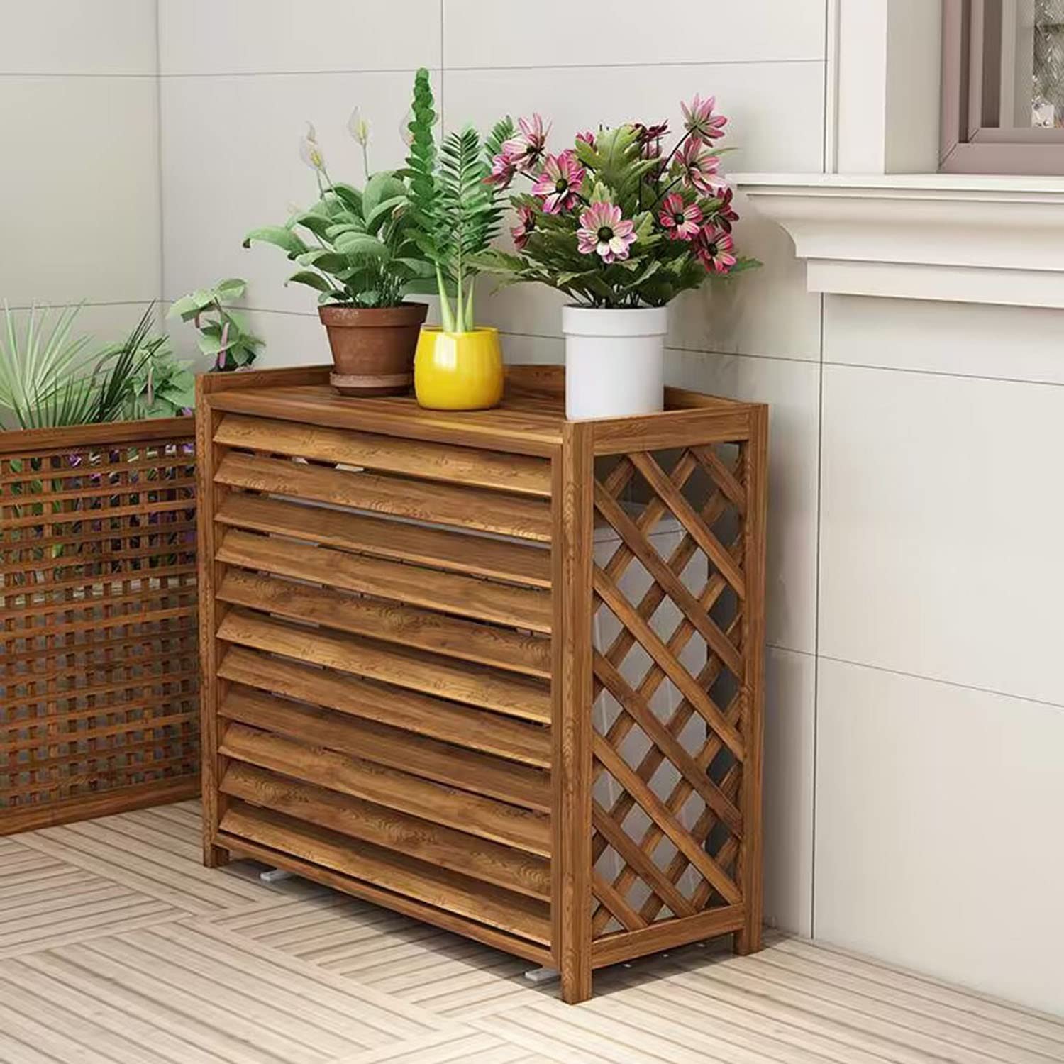 Cache Climatiseur Exterieur Imperméable Housse En Bois Massif Pour Climatisation Couverture De Climatiseur En En Bois Massif Support De Fleurs Climatiseur Cache Pompe À Chaleur ( 68x45x23cm : L81xW32x