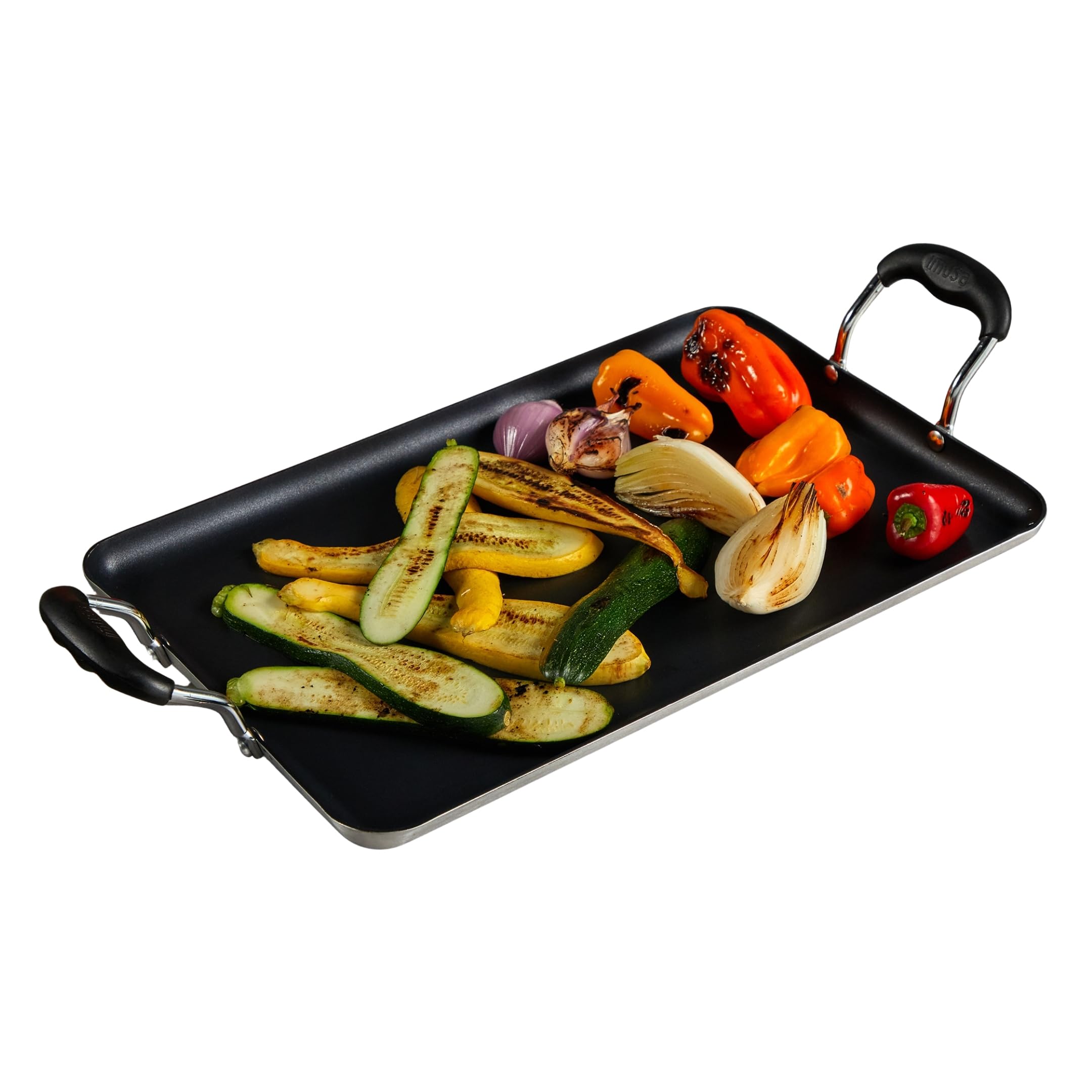 Imusa MUSA 17x10in Aluminum Black Ceramic Double Burner Griddle with Cool Touch Handles, Nonstick Flat Grill Pan for Pancakes, Eggs, Bacon, and More, Black