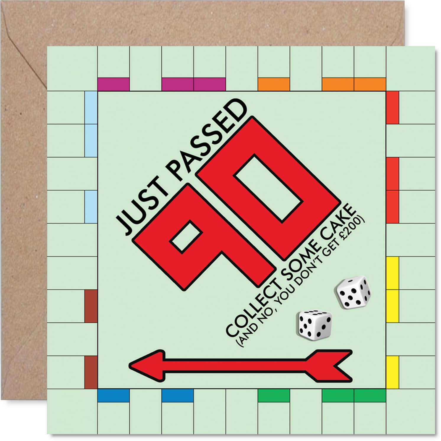 Funny 90th Birthday Card - Passed Go at 90 - Monopoly-inspired with Cheeky Cake Twist - Playful Nod for Milestone Celebrations - 145mm Square, Envelope Included